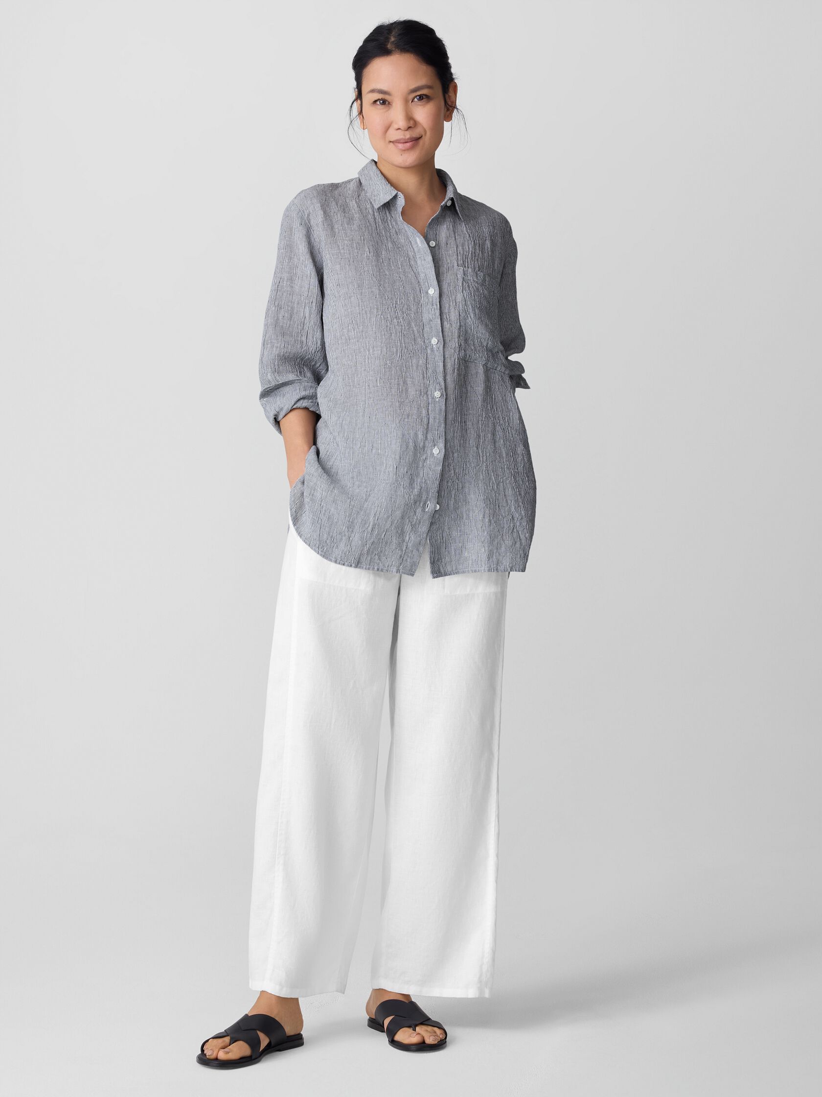 Puckered Organic Linen Stripe Classic Collar Long Shirt