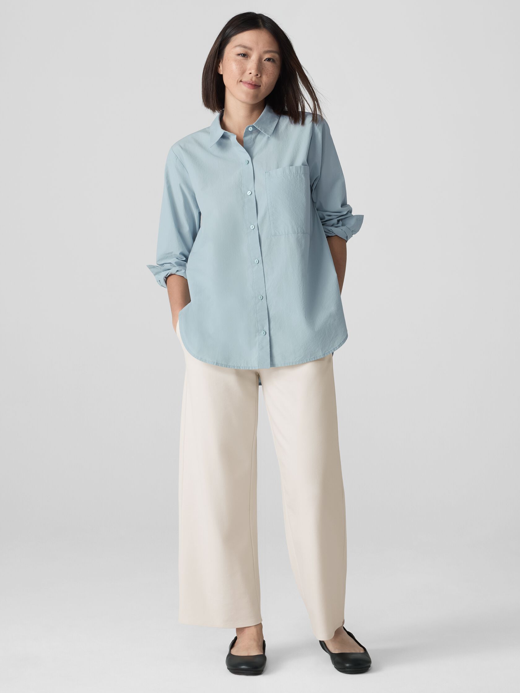 Washed Organic Cotton Poplin Classic Collar Long Shirt