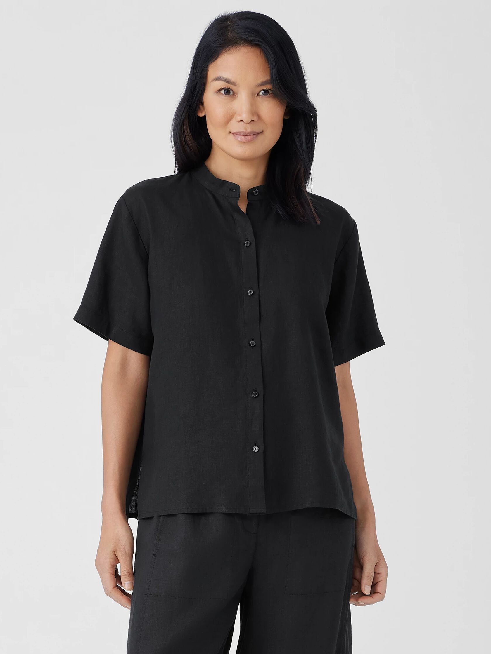 Organic Handkerchief Linen Band Collar Short-Sleeve Shirt