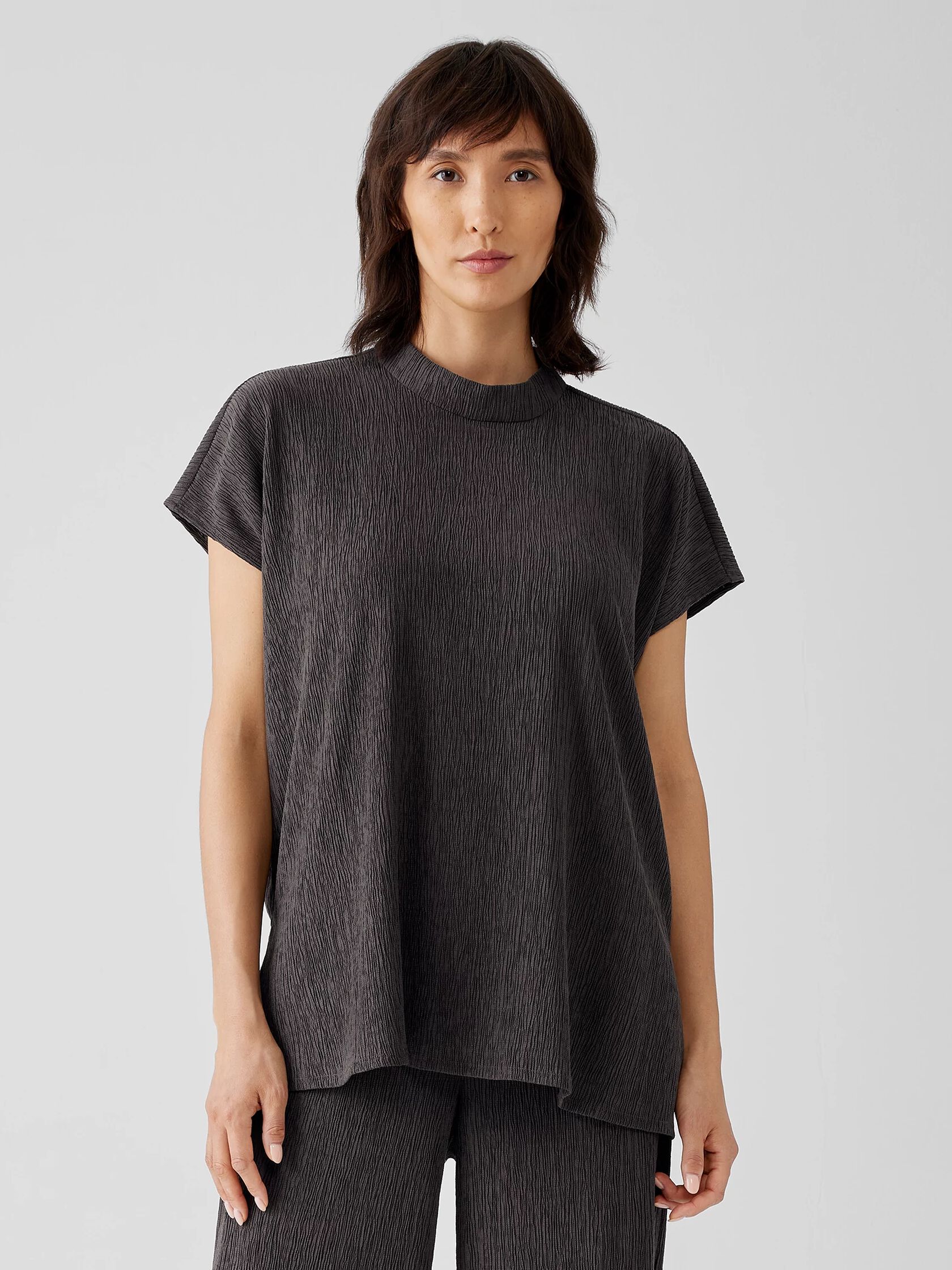 Woven Plisse Mock Neck Top