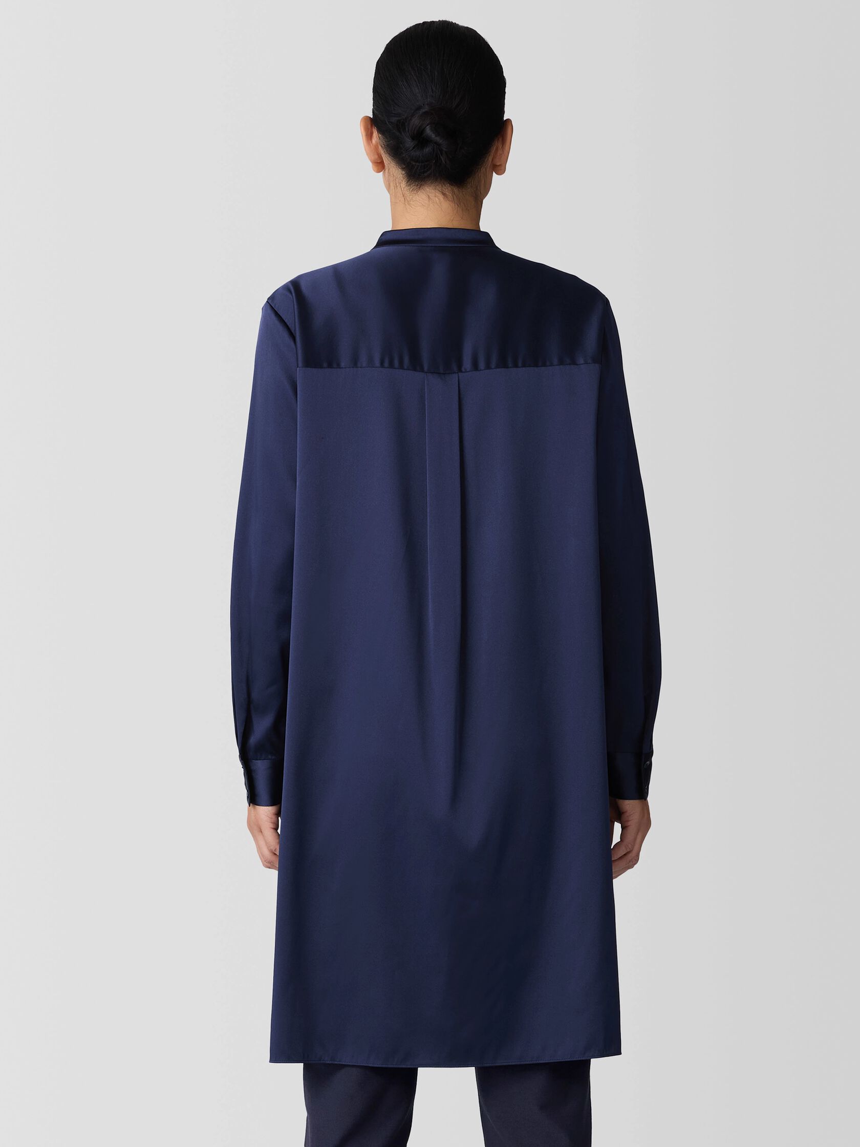 Stretch Silk Charmeuse Band Collar Long Shirt