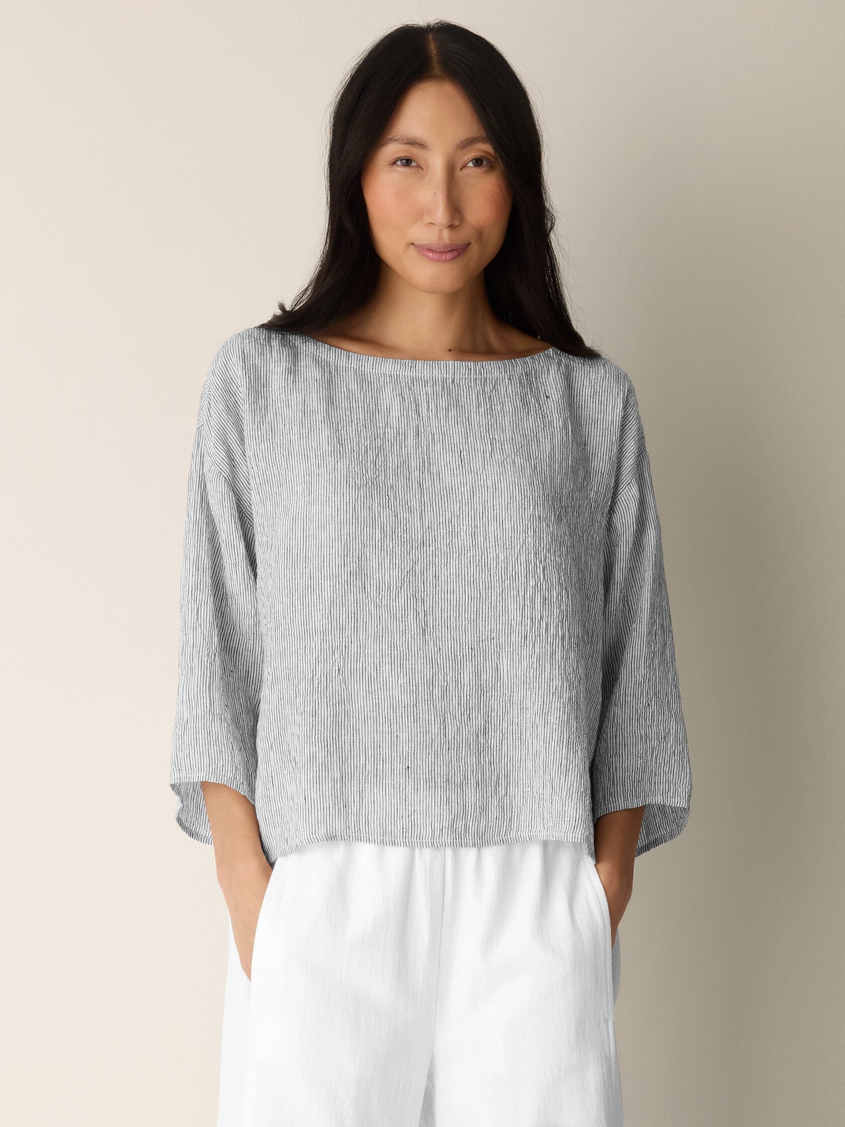 Puckered Organic Linen Stripe Box-Top