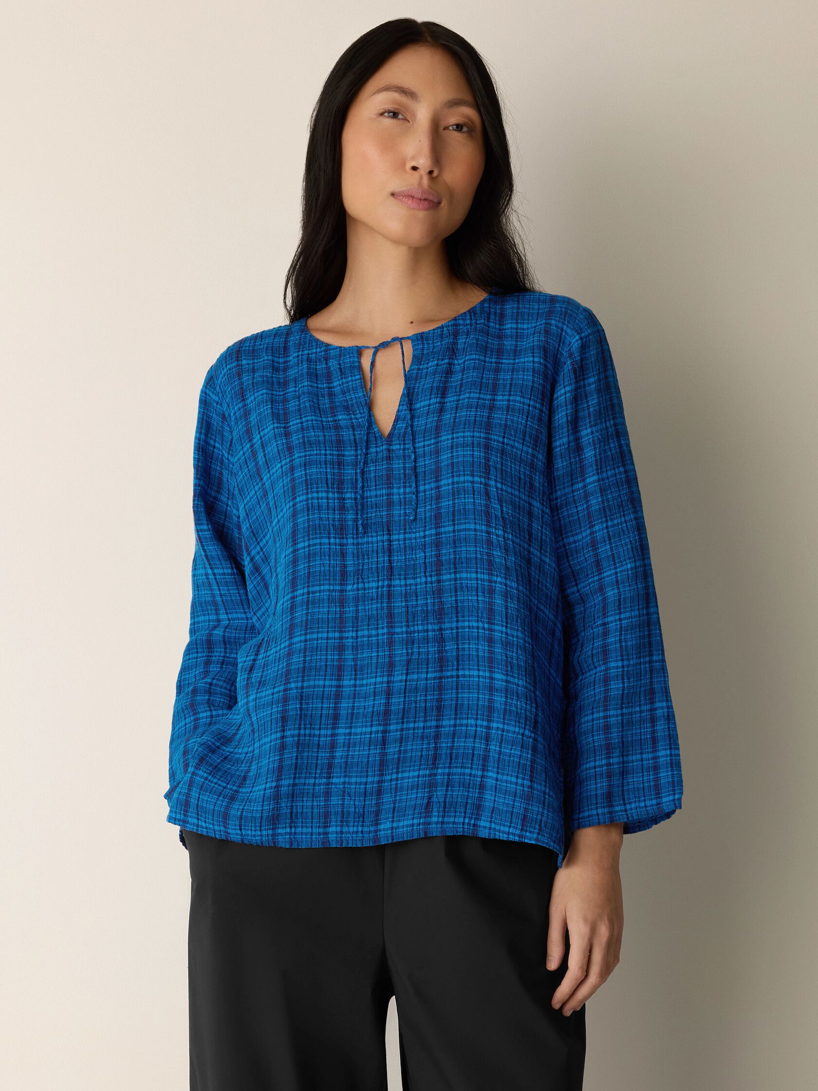 Puckered Organic Linen Plaid Keyhole Top