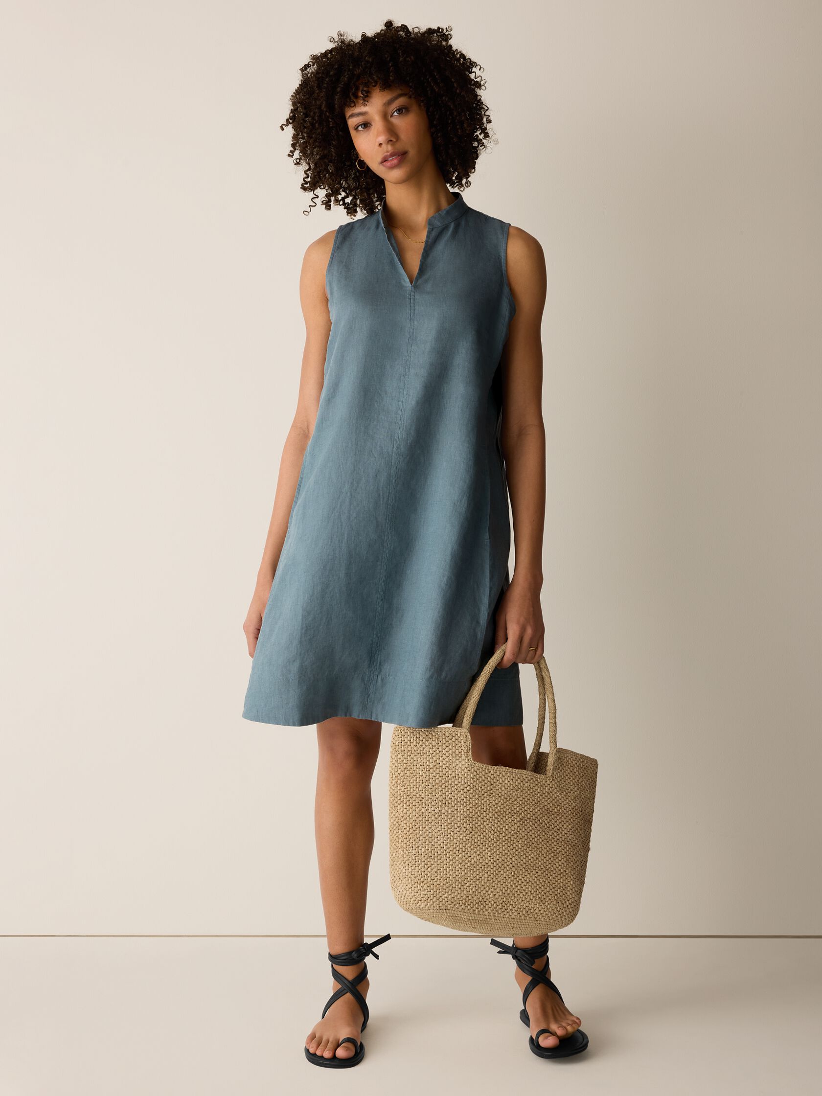 Organic Linen Split Neck Dress