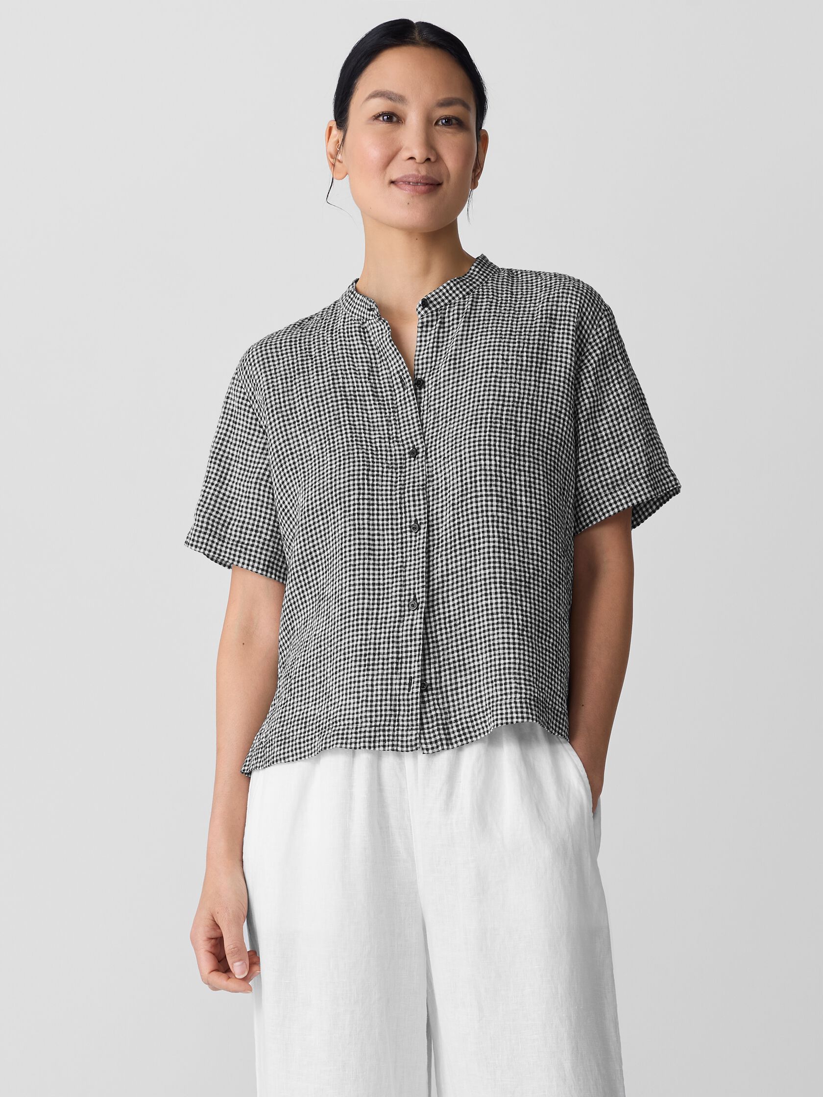 Puckered Organic Linen Band Collar Shirt