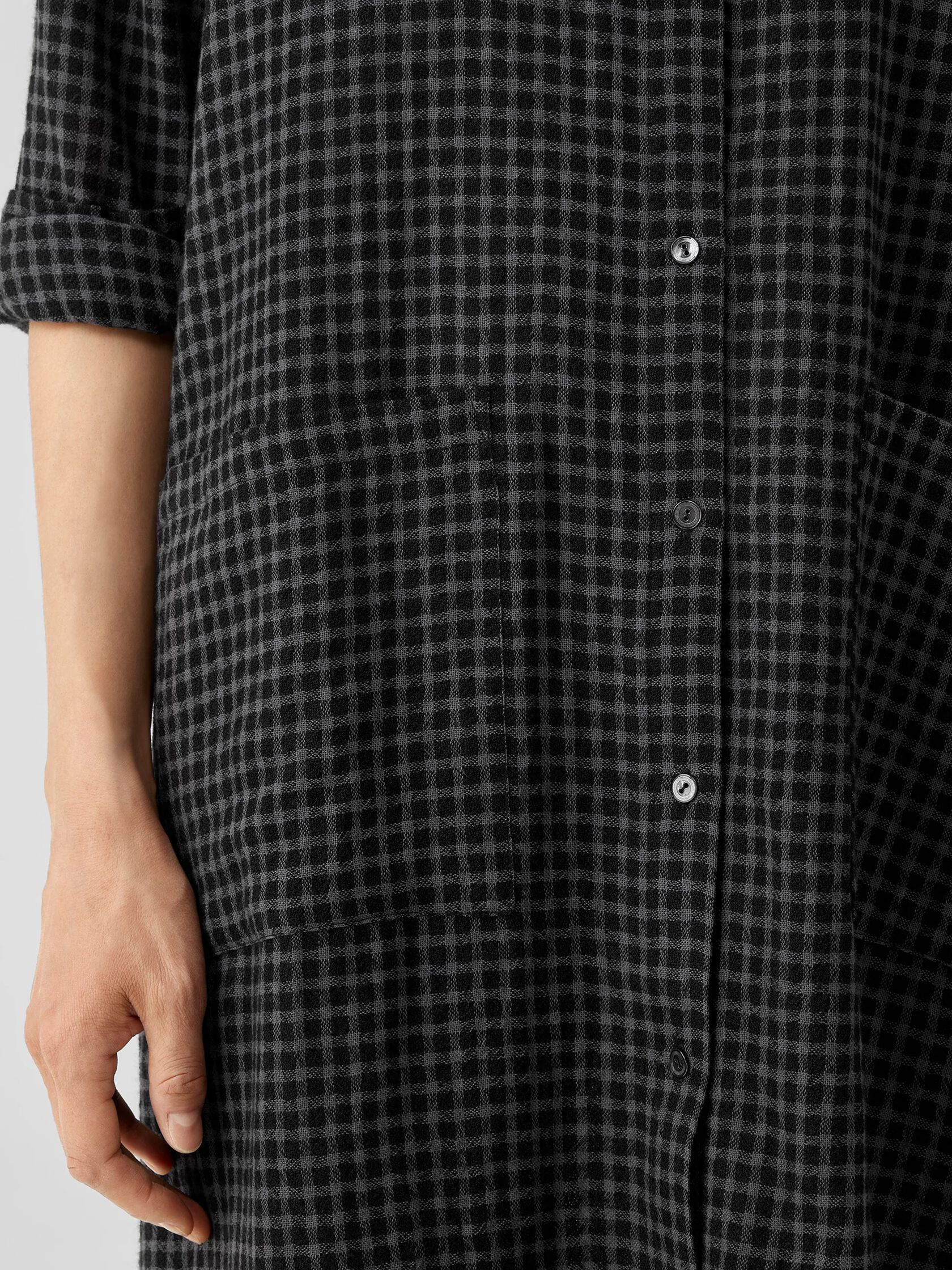 Wool Cotton Check Mandarin Collar Shirtdress