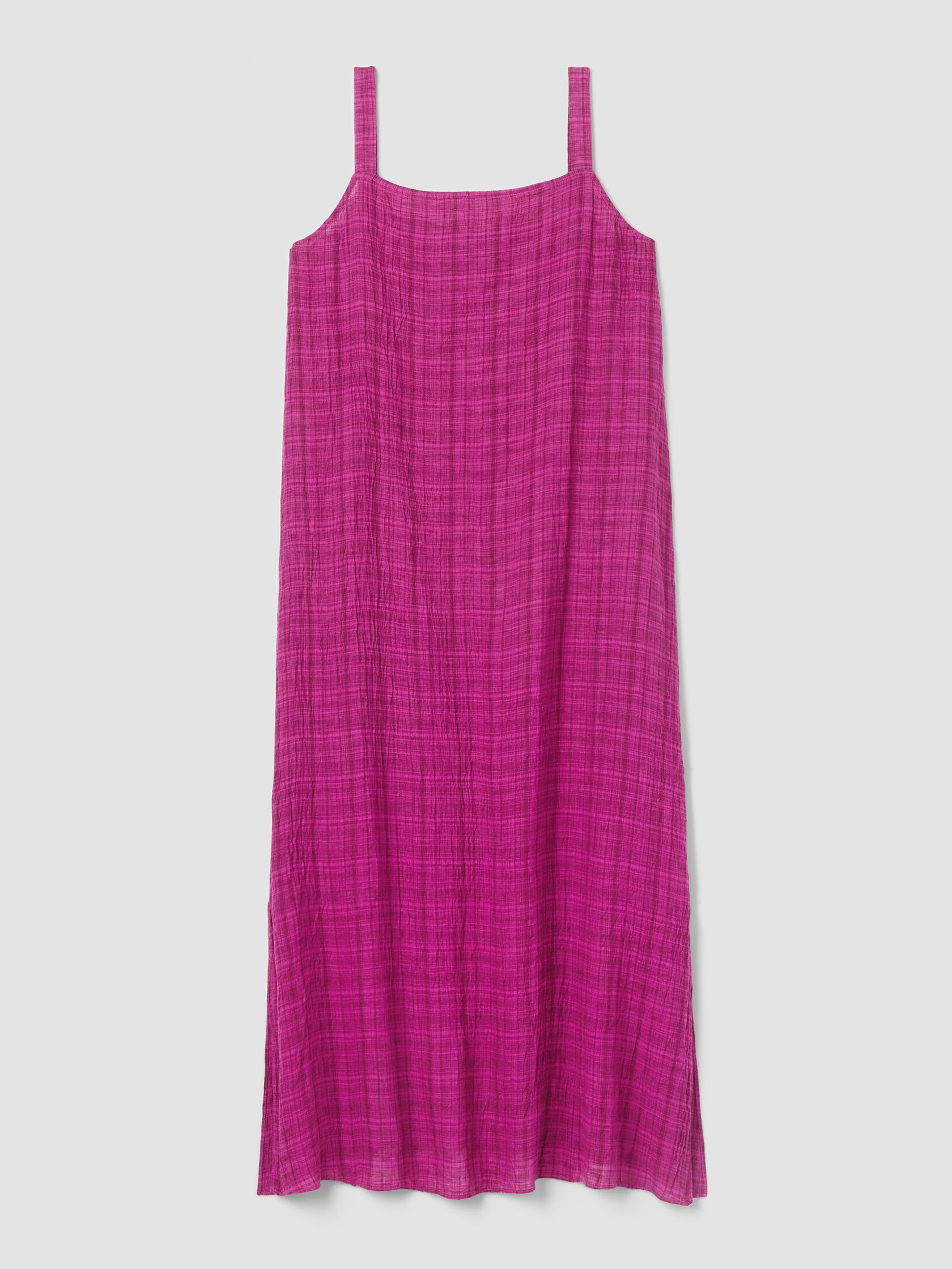 Puckered Organic Linen Plaid Square Neck Dress