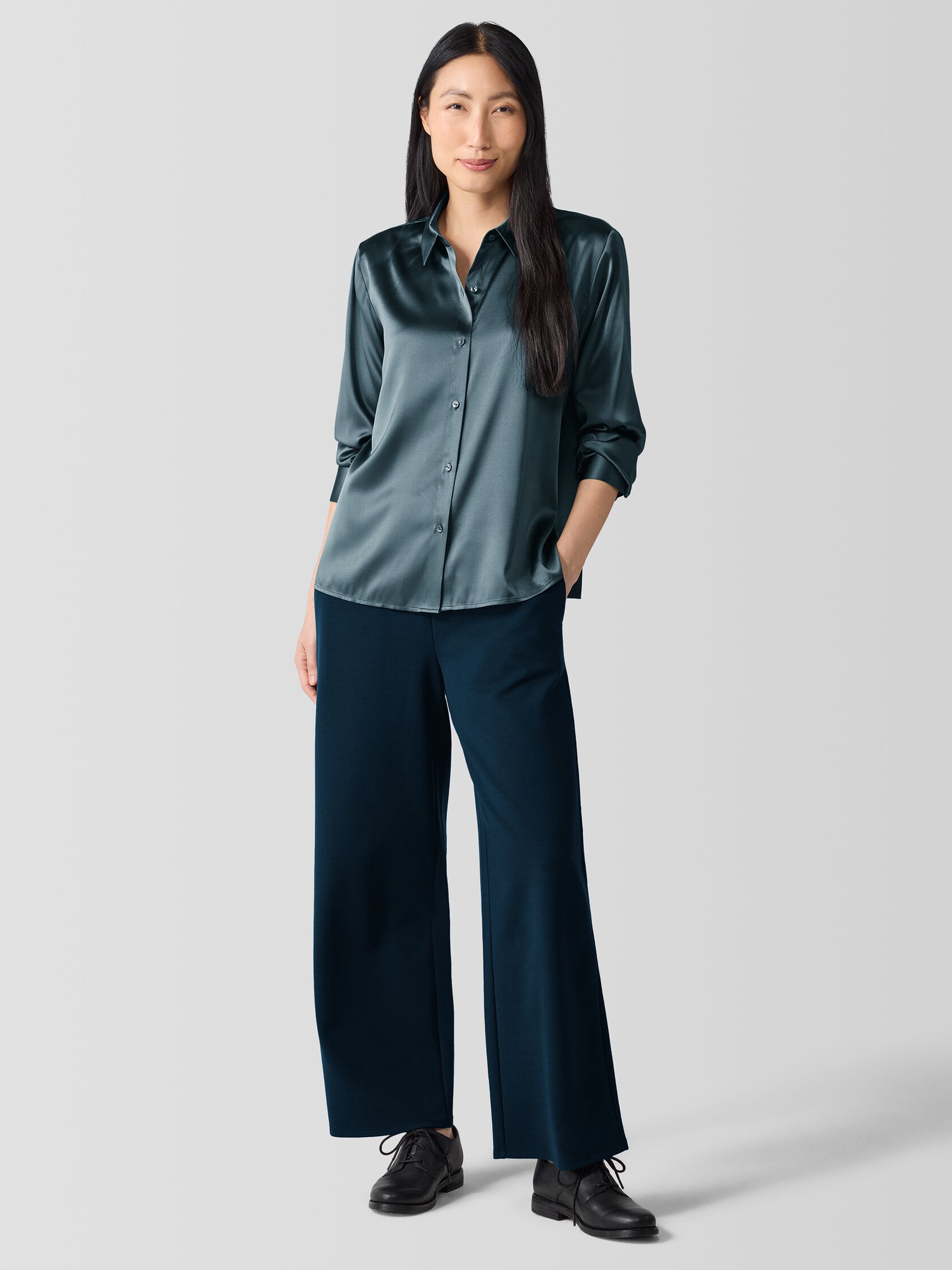 Stretch Silk Charmeuse Classic Collar Shirt