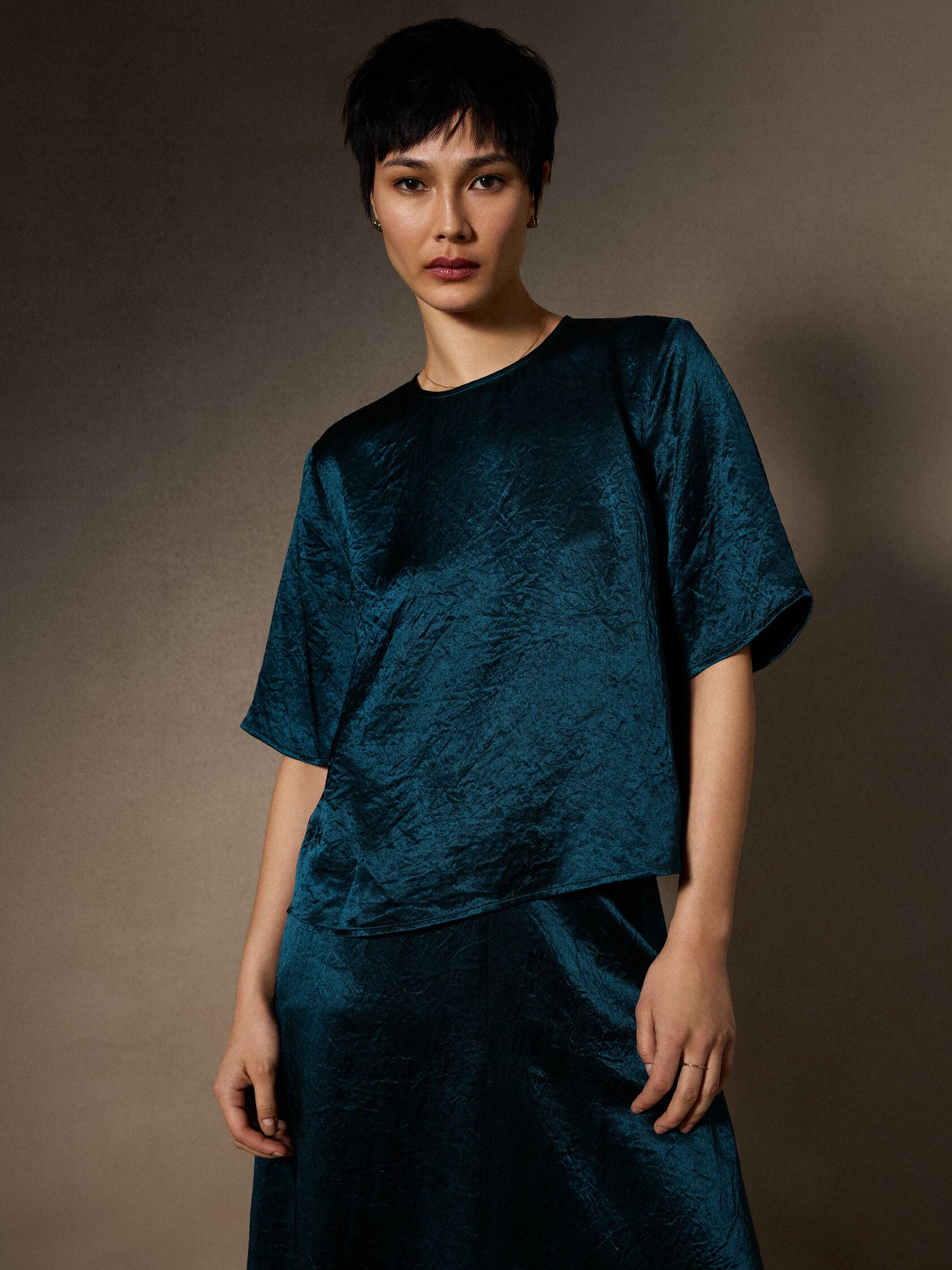 Textured Satin Round Neck Elbow-Sleeve Top