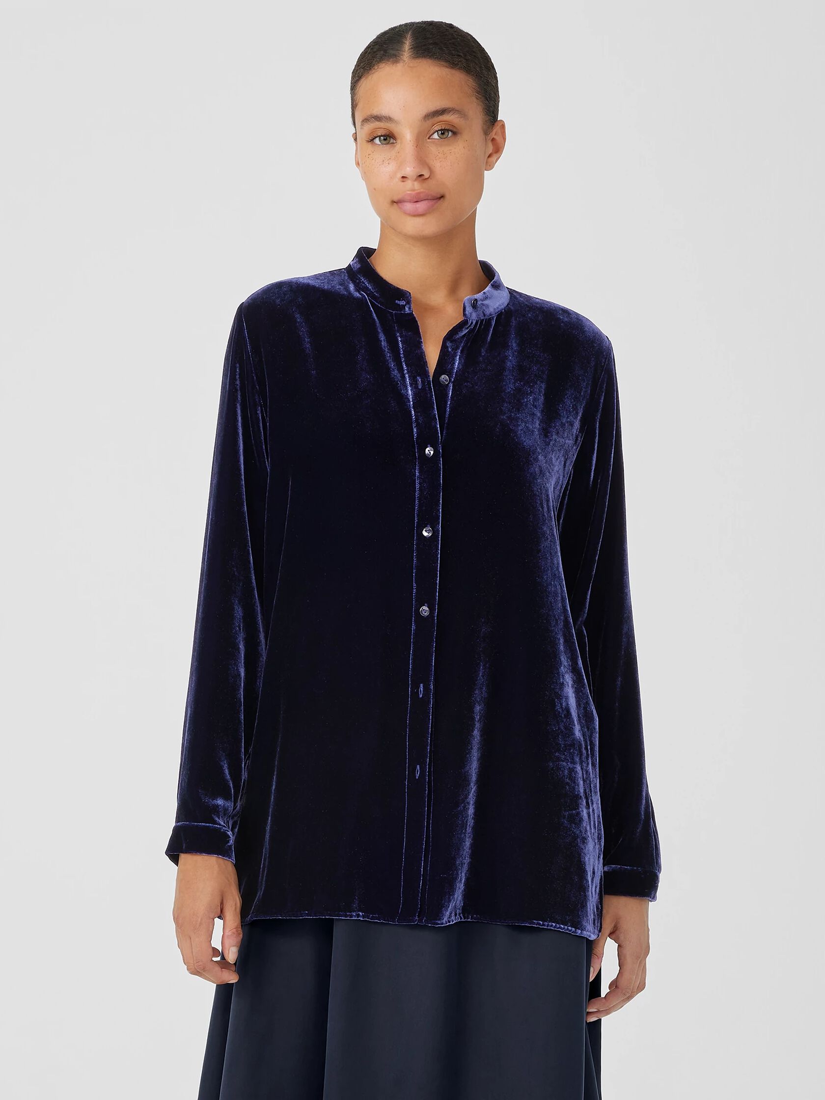 Velvet Band Collar Long Shirt