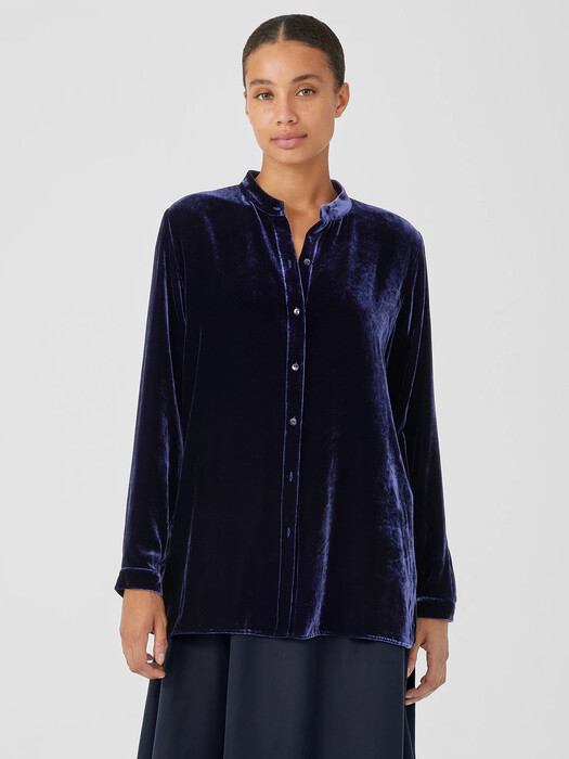 Velvet Band Collar Long Shirt