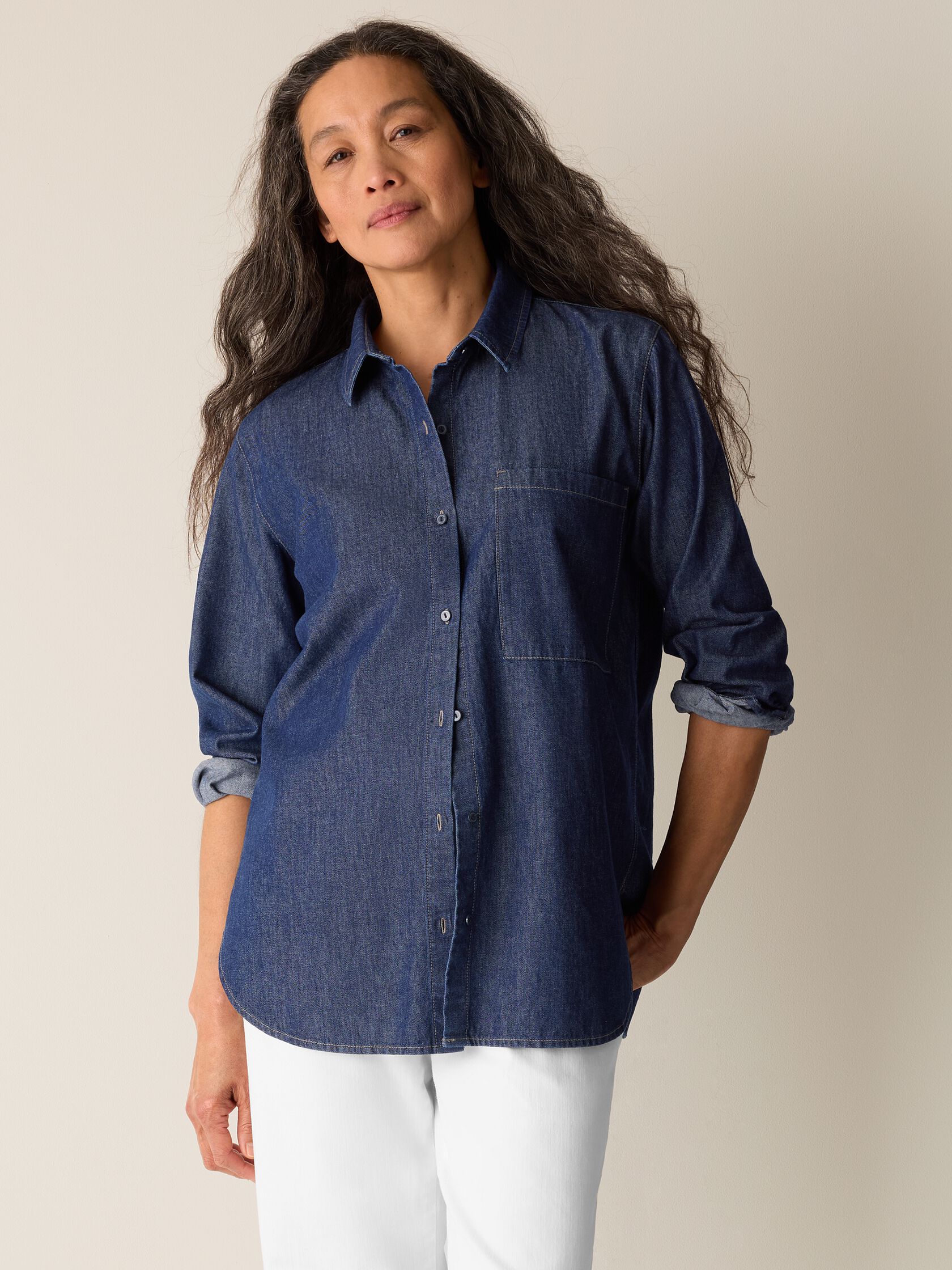 Lightweight Organic Cotton Denim Classic Collar Long Shirt