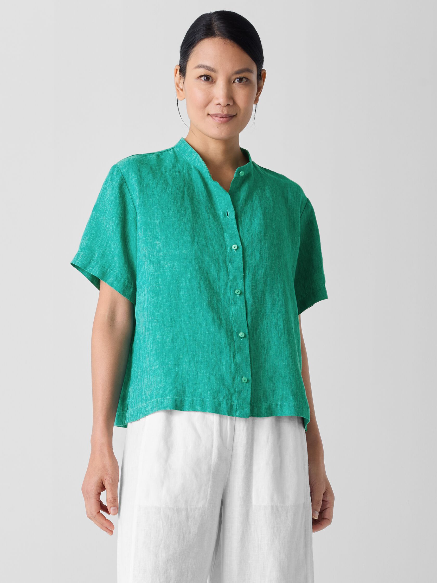Washed Organic Linen Délavé Band Collar Shirt