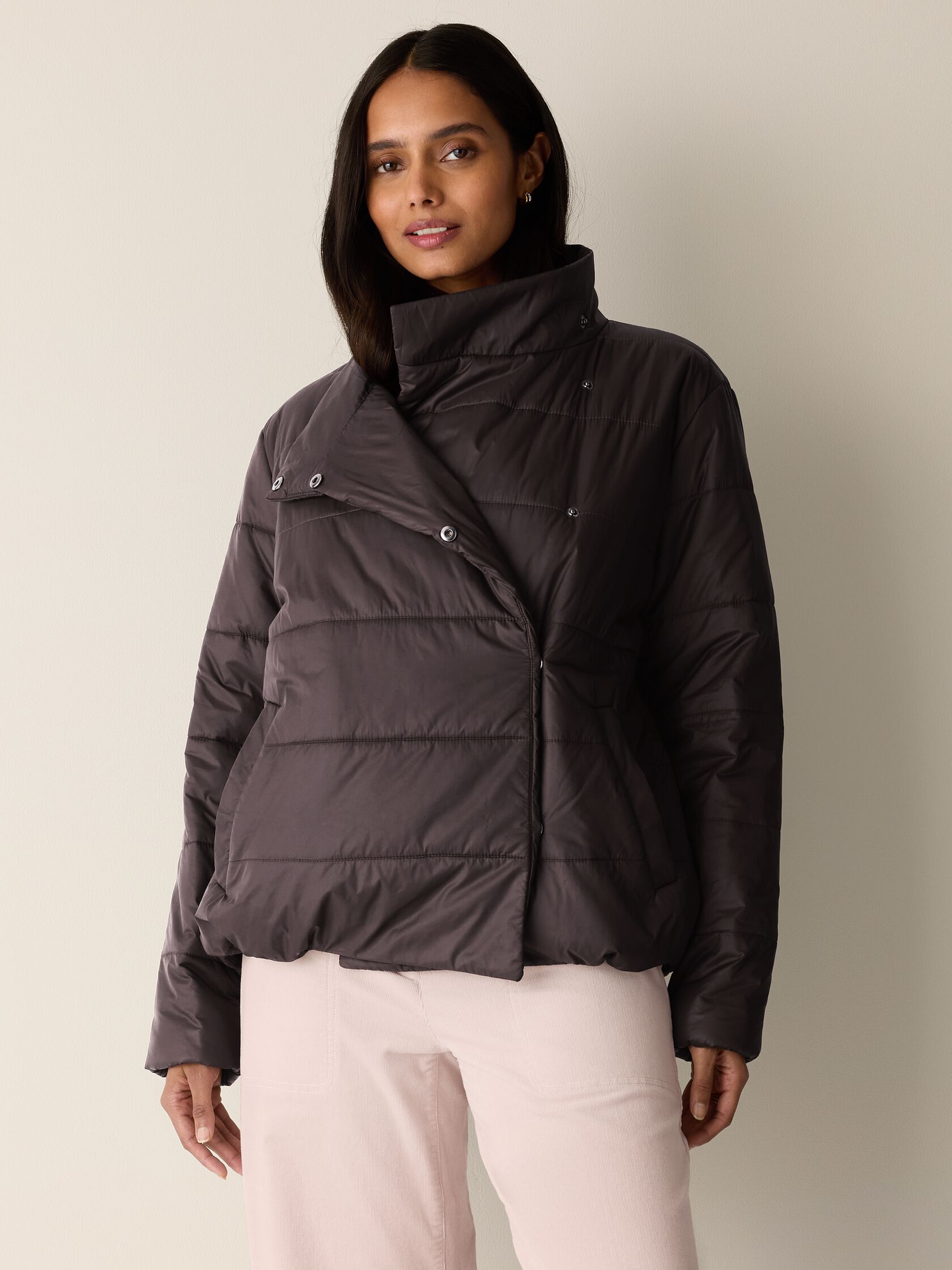 Eggshell Recycled Nylon Stand Collar Quilted Coat