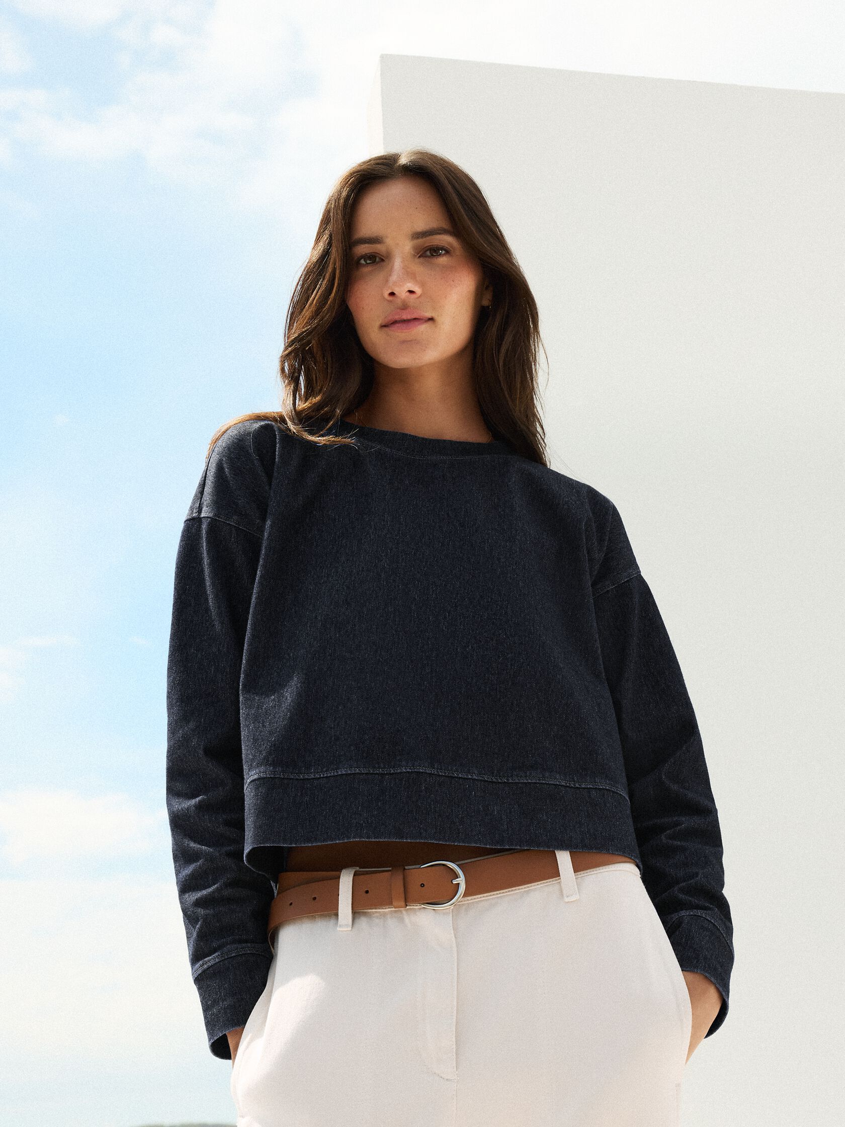Cotton Indigo Knit Denim Crew Neck Top