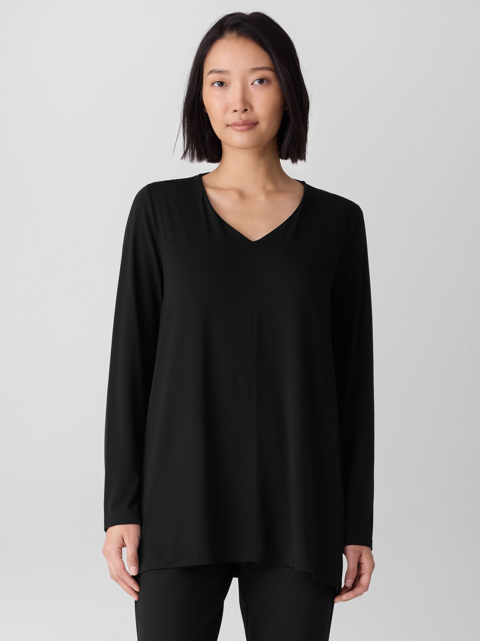 Fine Stretch Jersey Knit V-Neck Long Top