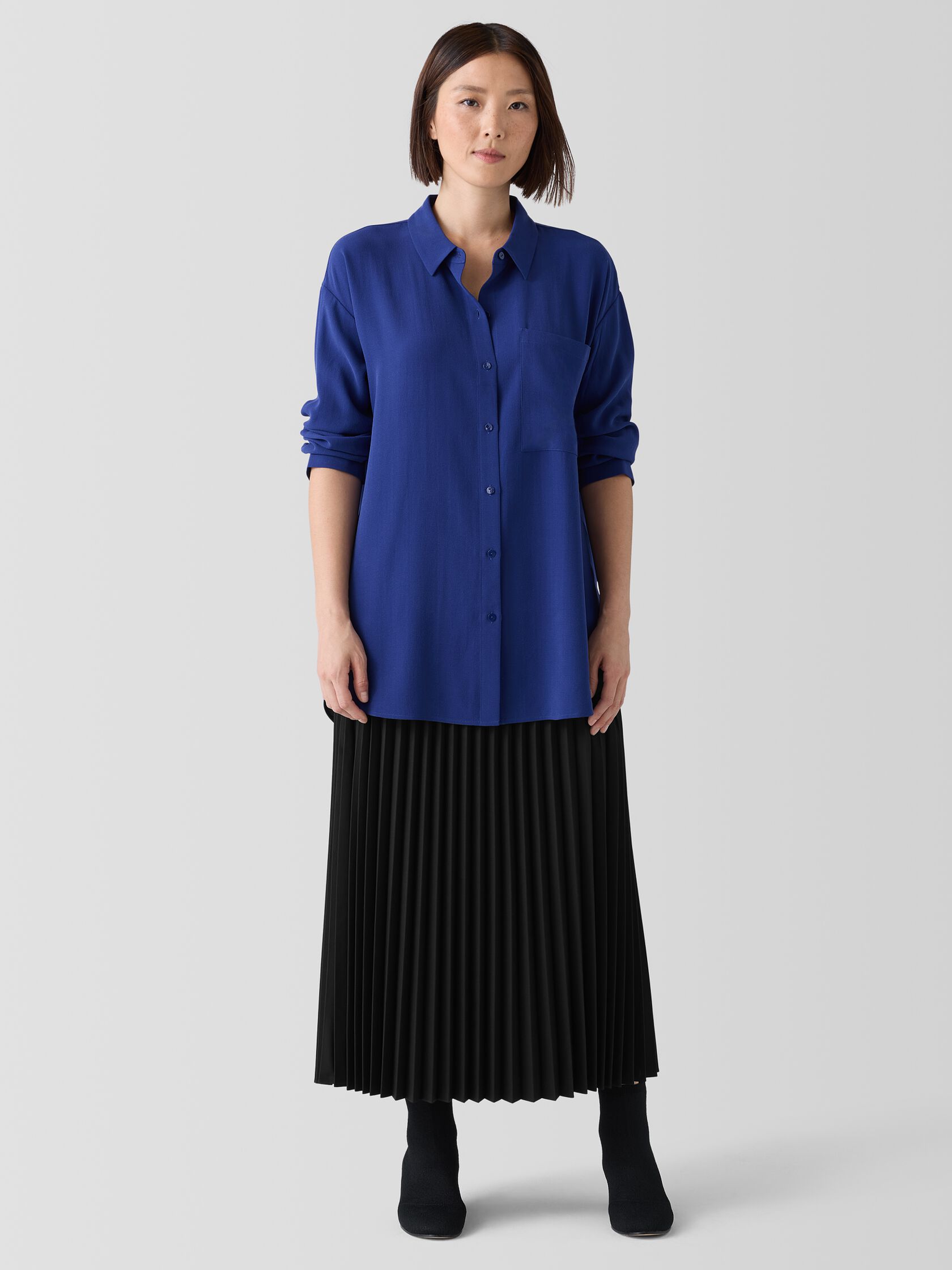 Silk Georgette Crepe Classic Collar Long Shirt
