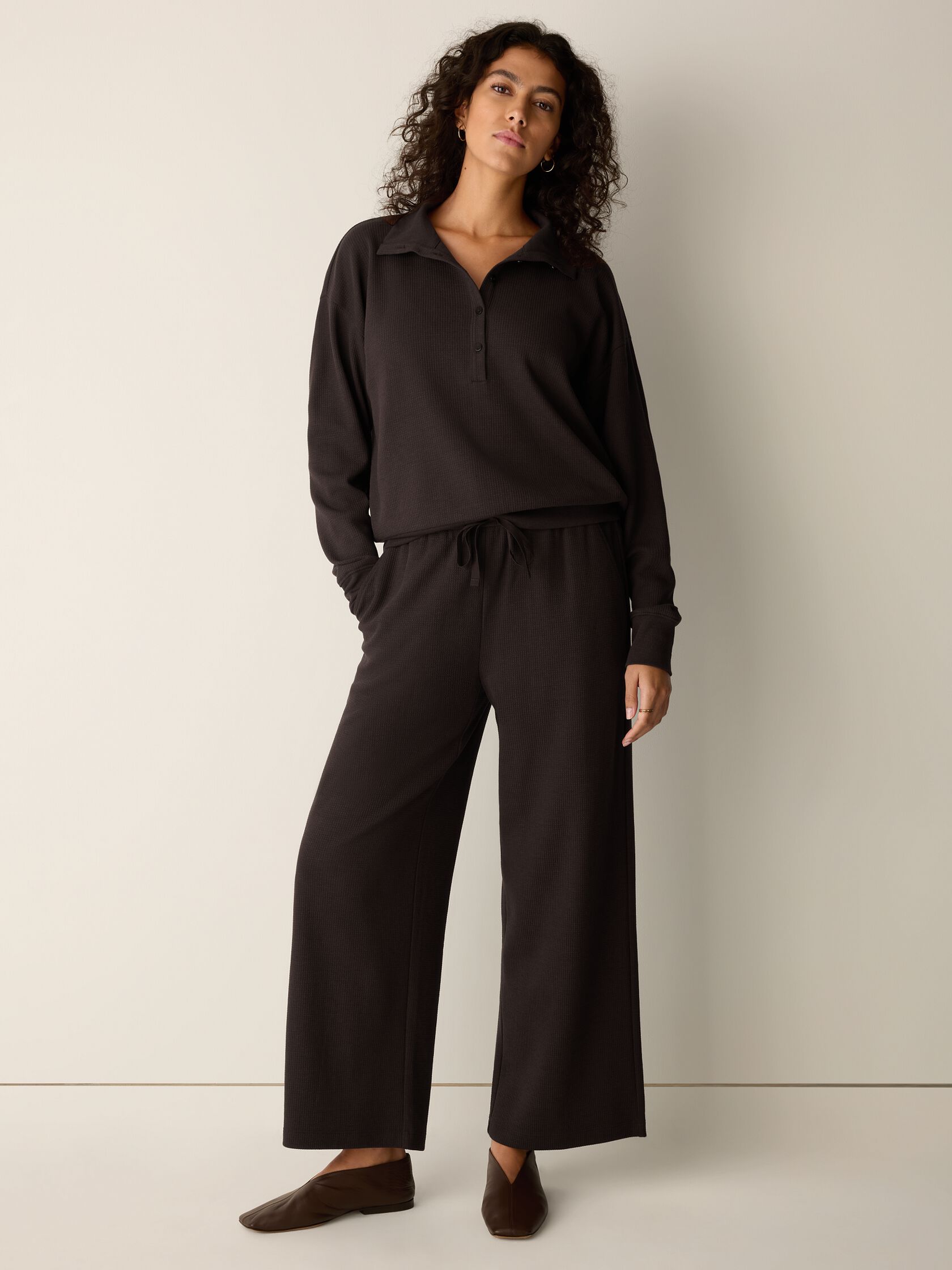 Waffle Cotton Blend Doubleknit High Collar Henley Top