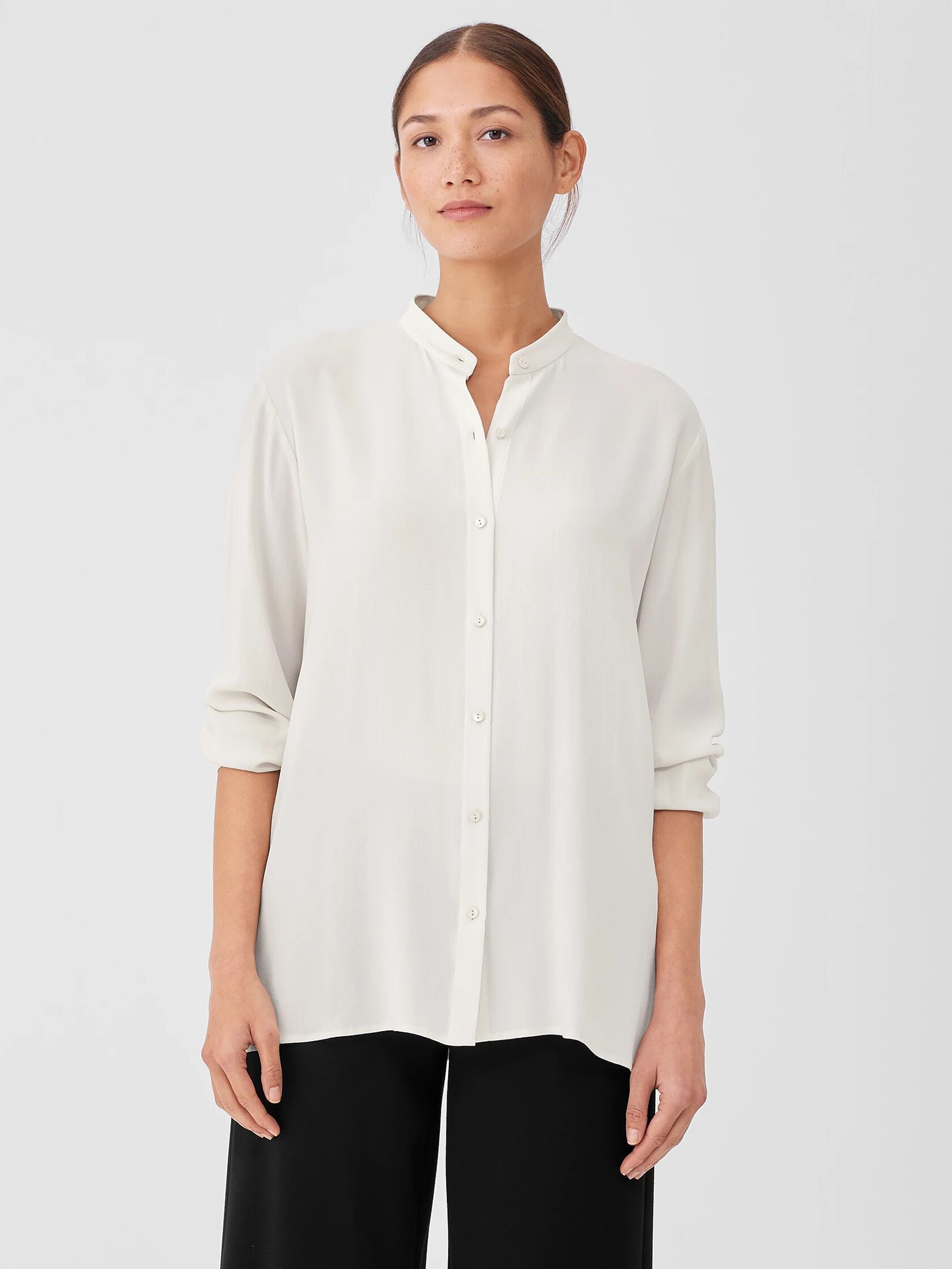 Silk Georgette Crepe Mandarin Collar Shirt | EILEEN FISHER