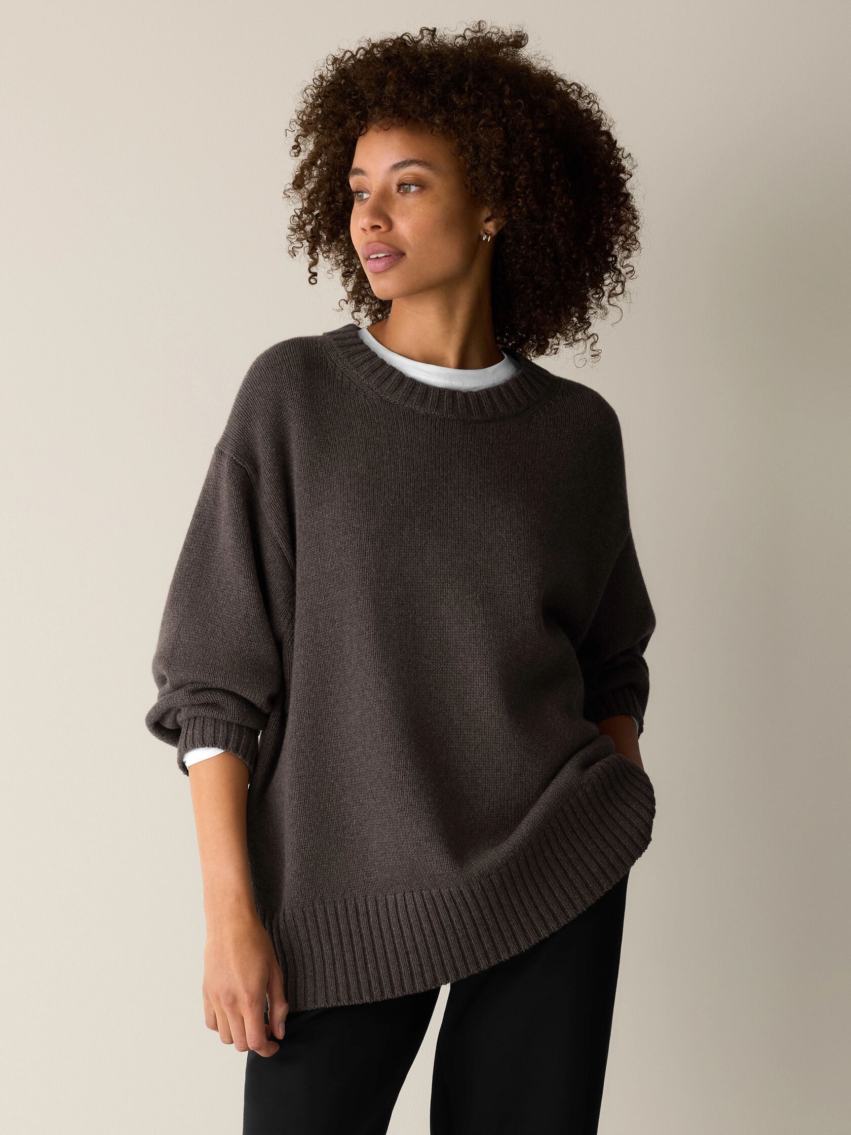 Cotton & Recycled Cashmere Crew Neck Long Top