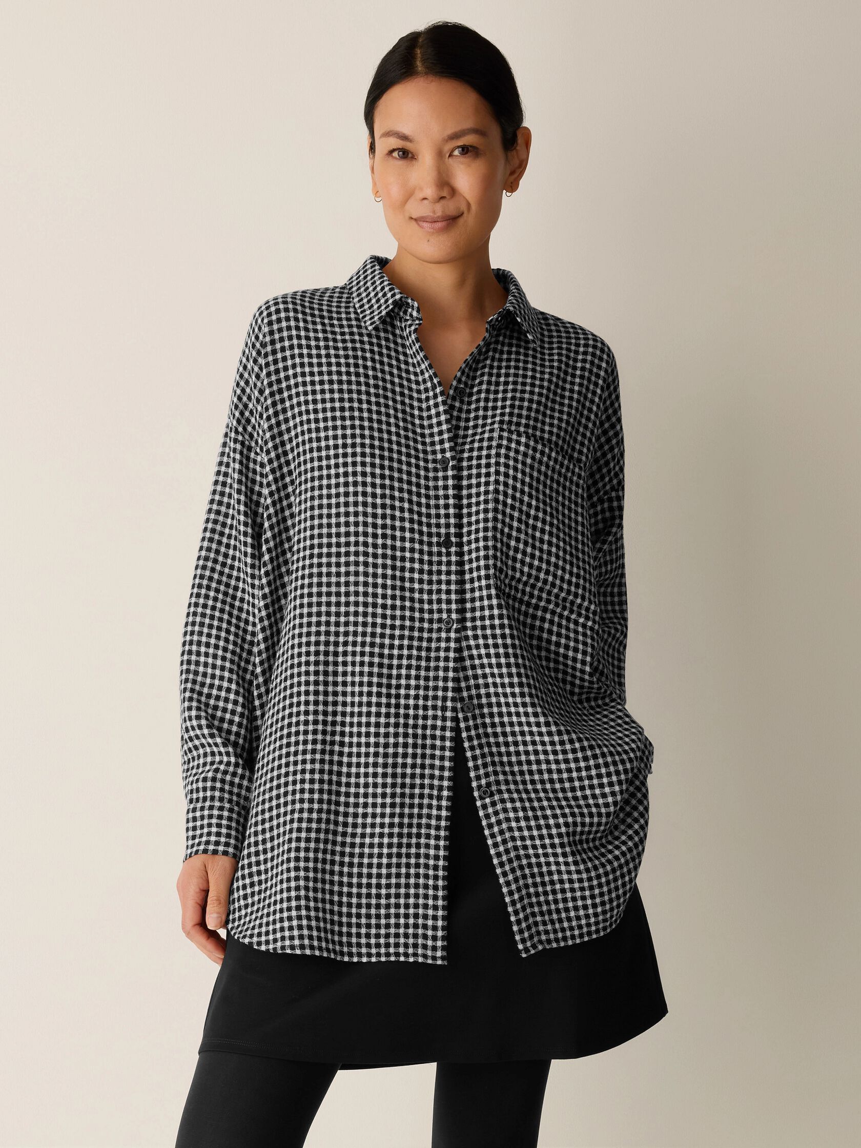Wool Cotton Check Classic Collar Long Shirt