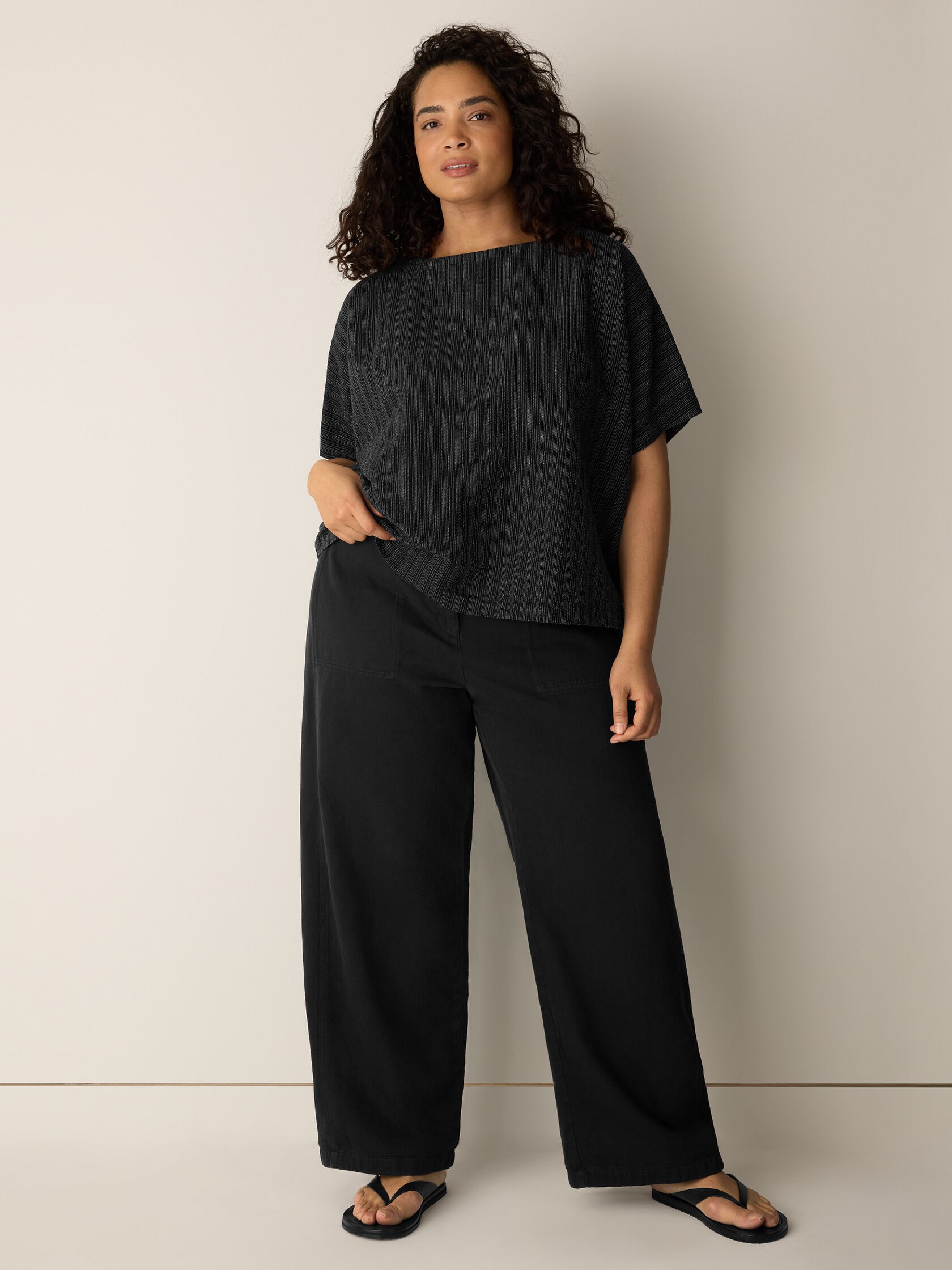 Cotton Blend Stripe Stitch Bateau Neck Top