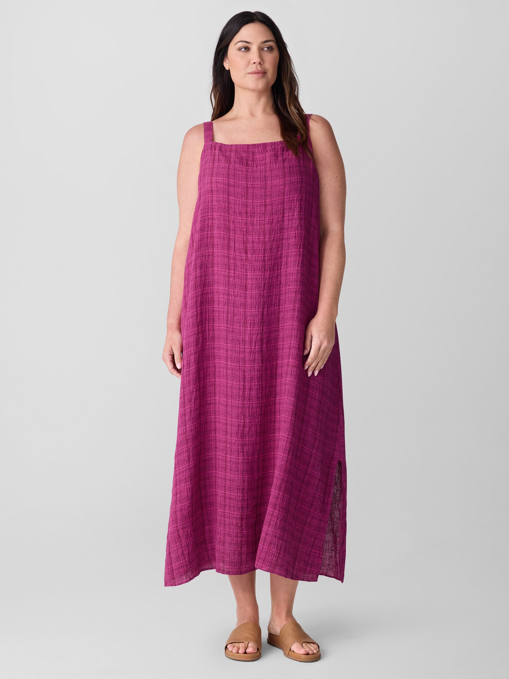 Puckered Organic Linen Plaid Square Neck Dress