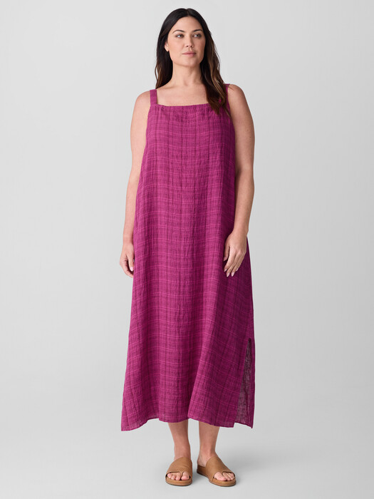 eileen fisher puckered linen dress Puckered Organic Linen Plaid Square Neck Dress