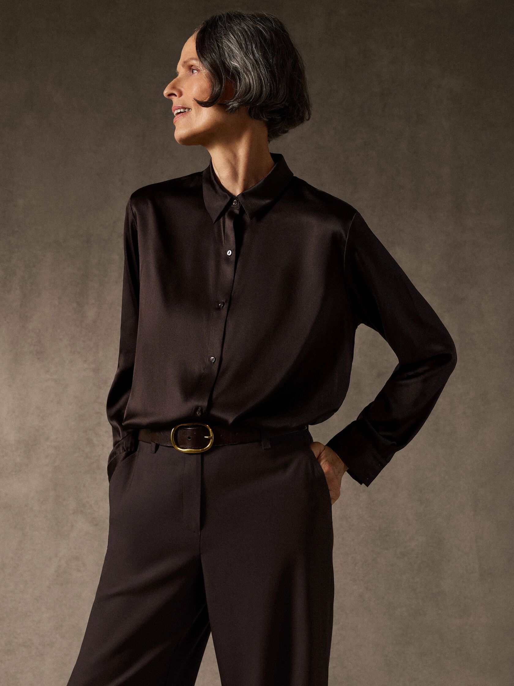 Stretch Silk Charmeuse Classic Collar Shirt