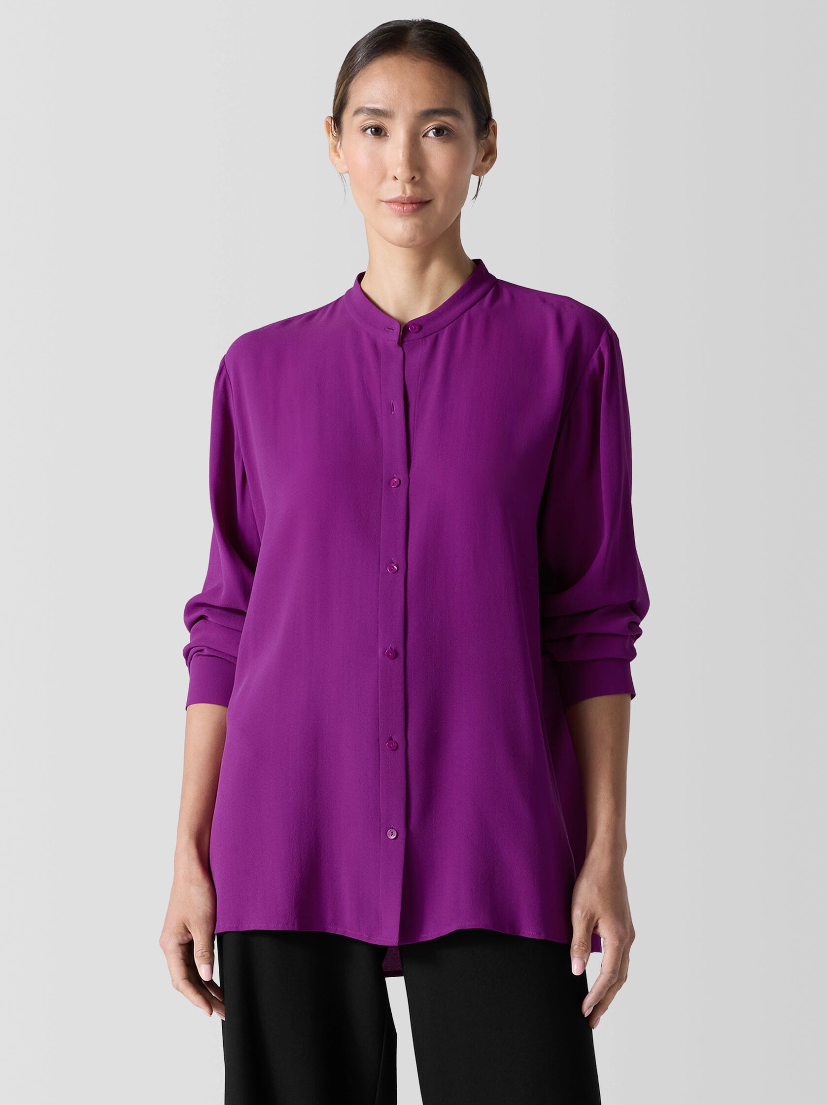 Silk Georgette Crepe Band Collar Shirt