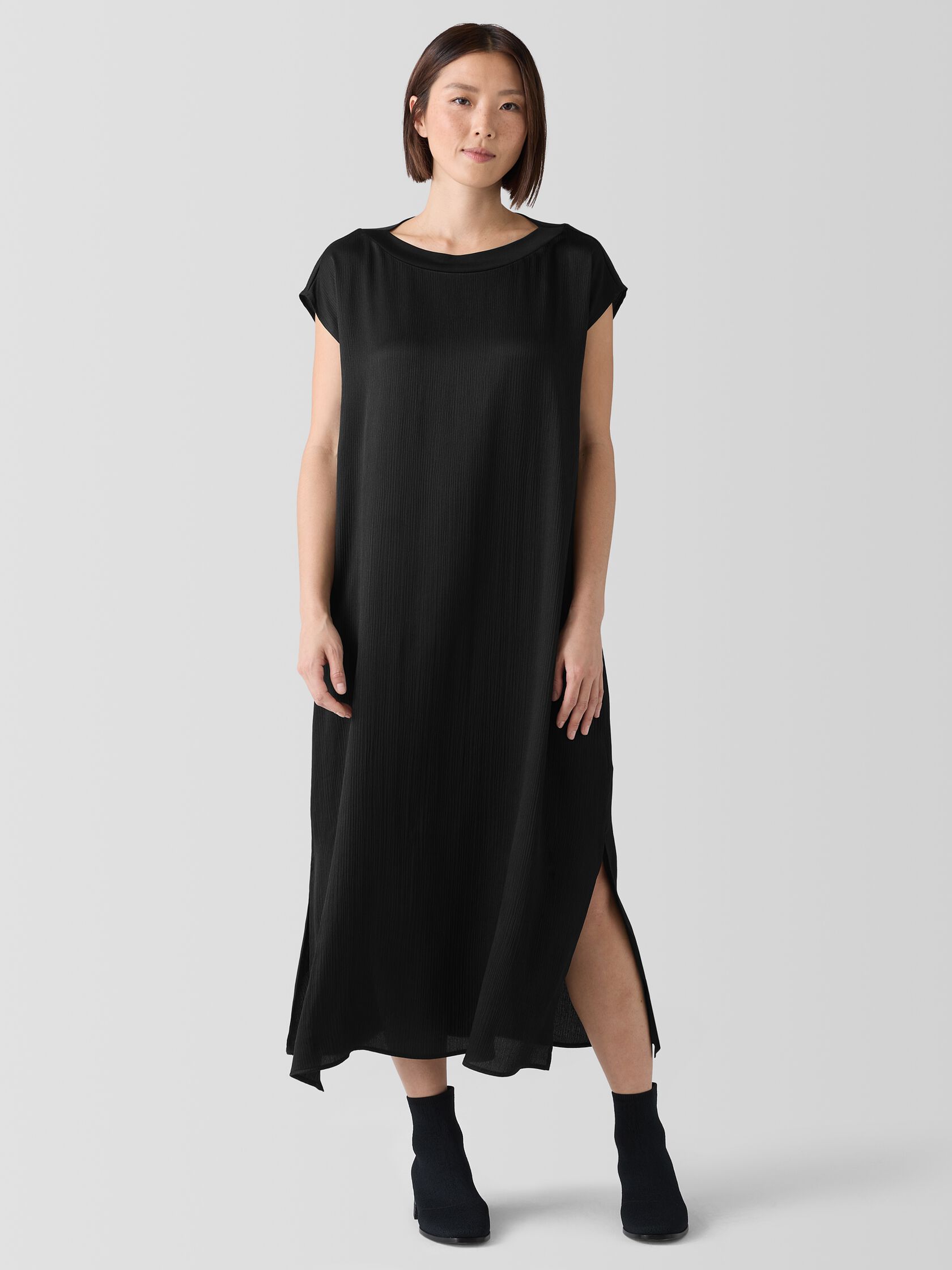 Striated Silk Satin Bateau Neck Dress
