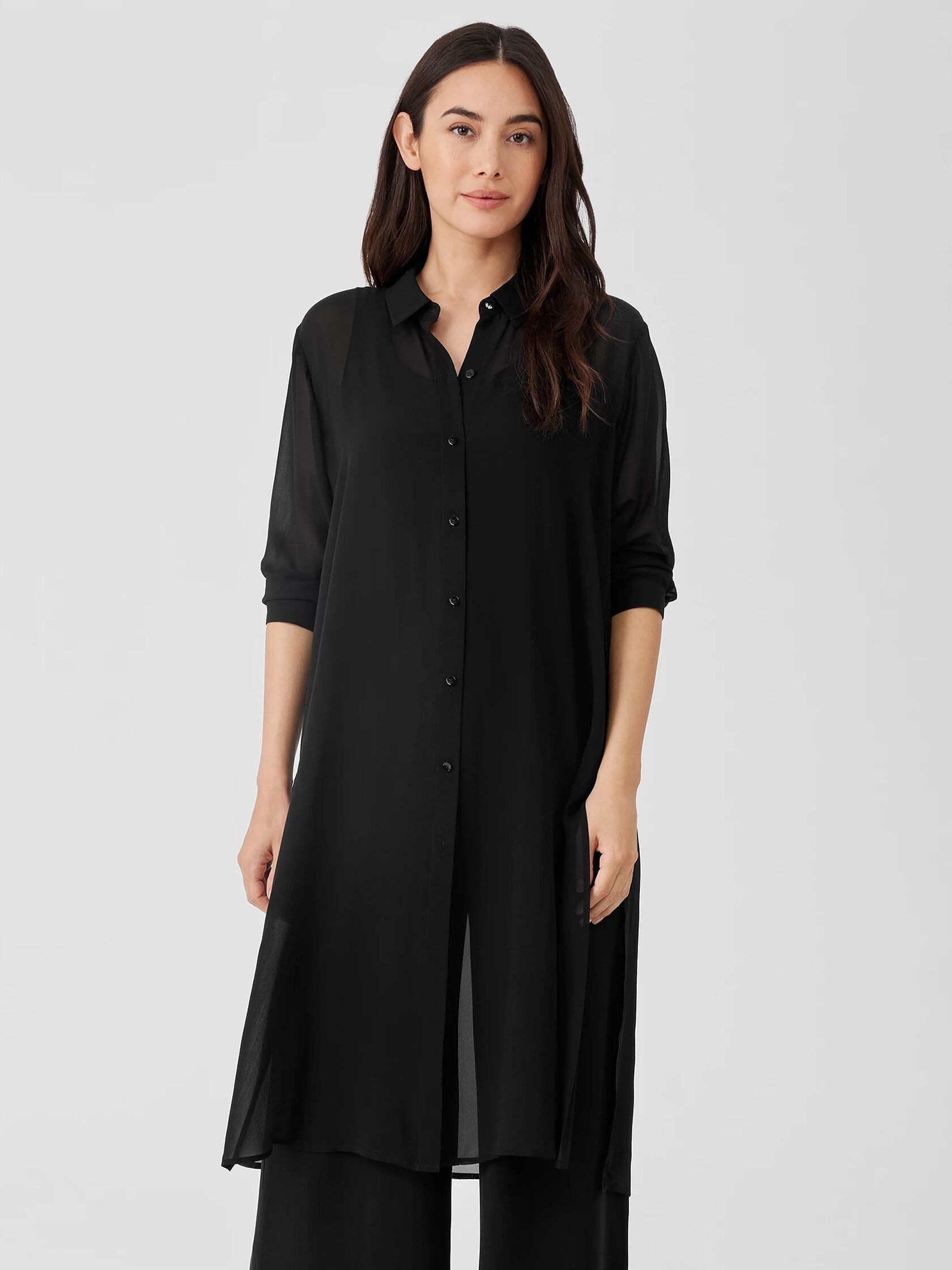 Sheer Silk Georgette Classic Collar Long Shirt