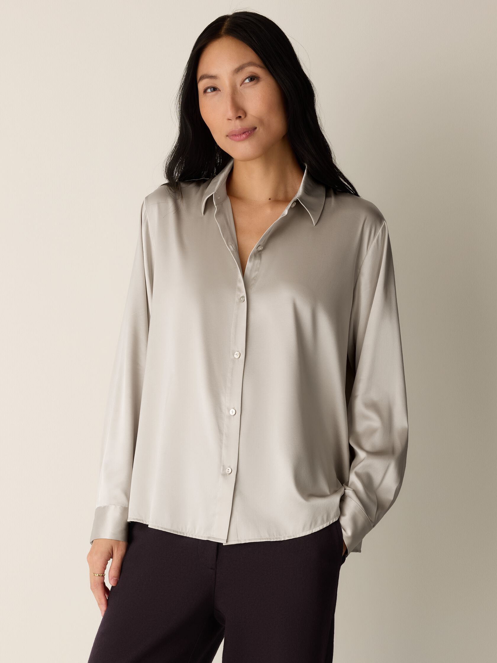 Stretch Silk Charmeuse Classic Collar Shirt