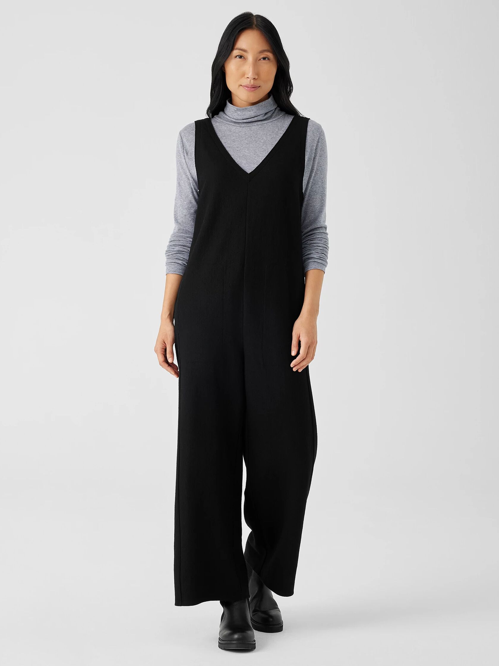 Boiled Wool Jersey V-Neck Jumpsuit