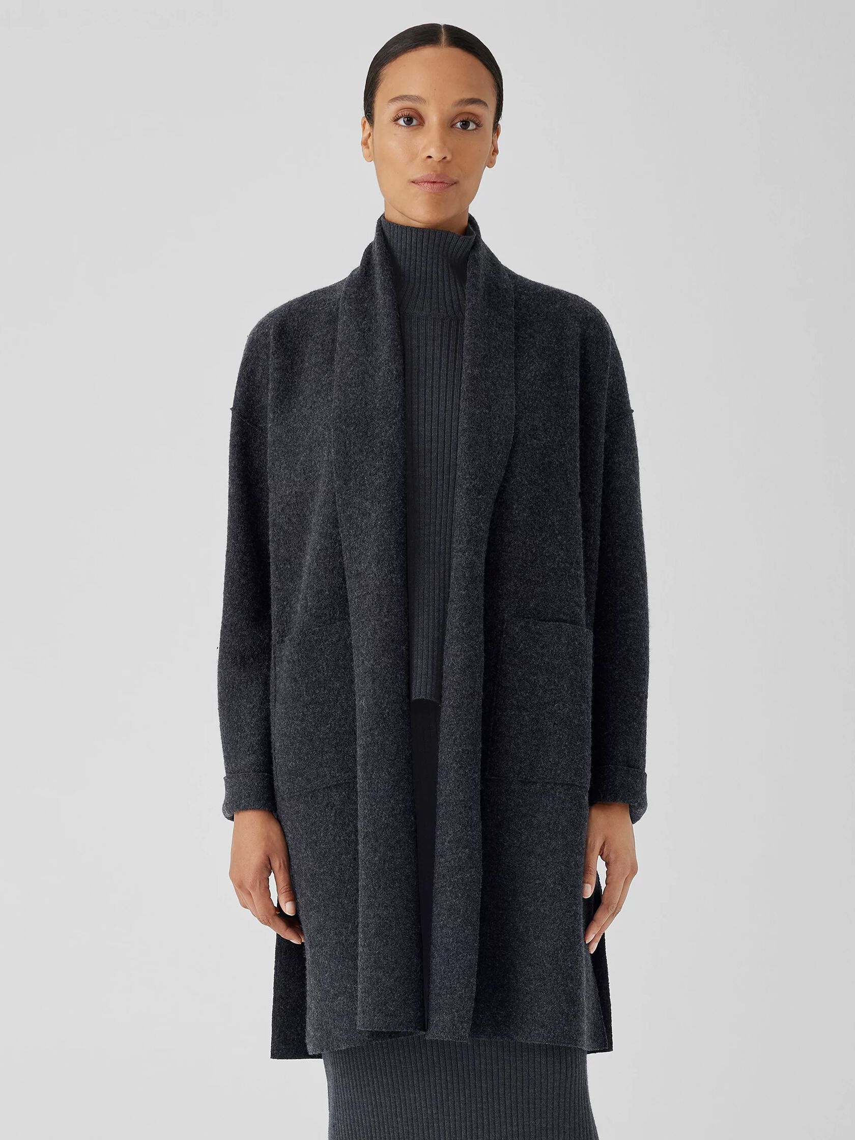 Lightweight Boiled Wool High Collar Coat in Regenerative Wool