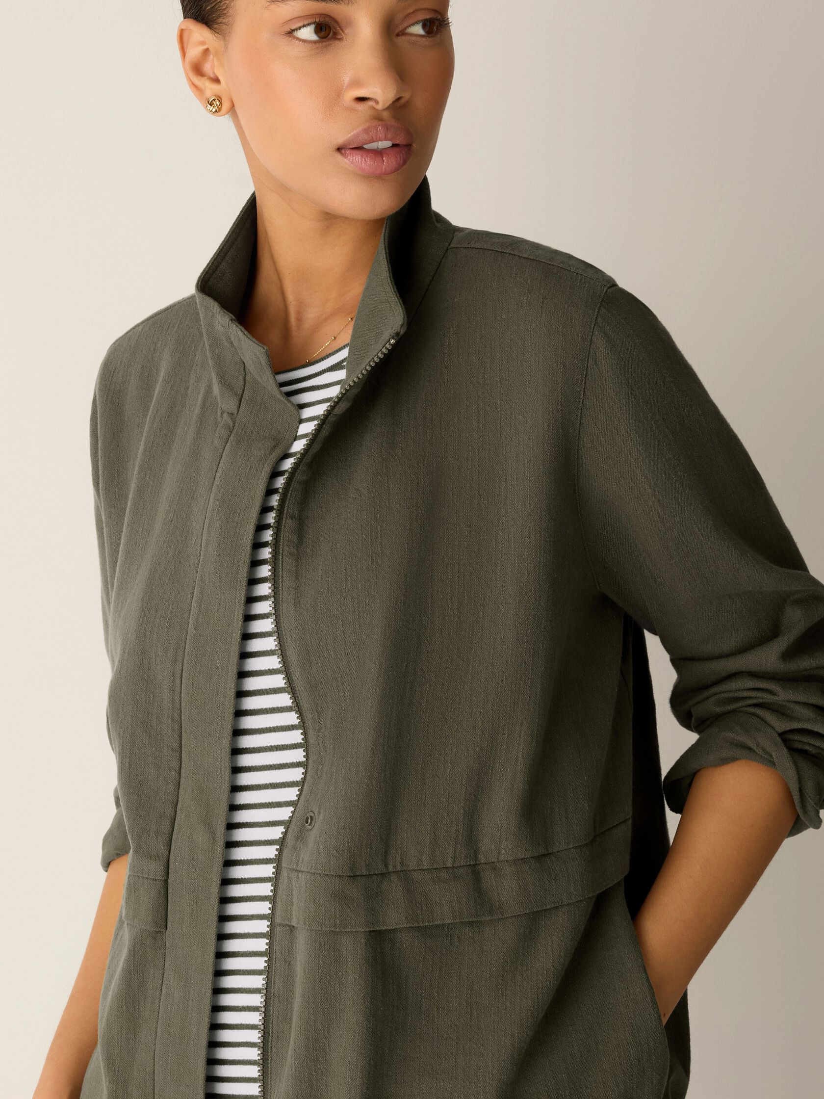 Slubby Organic Cotton Linen High Collar Jacket