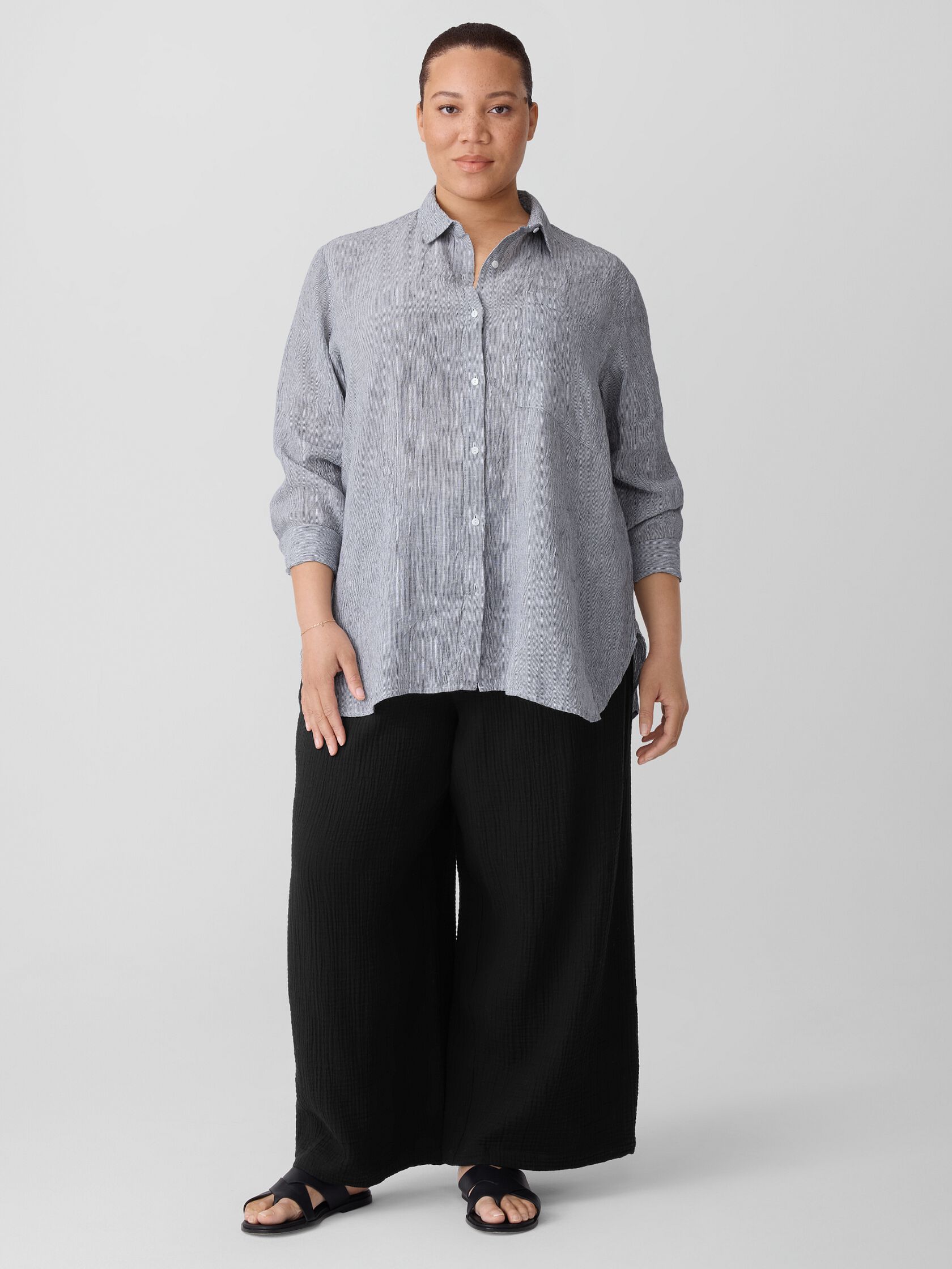 Puckered Organic Linen Stripe Classic Collar Long Shirt