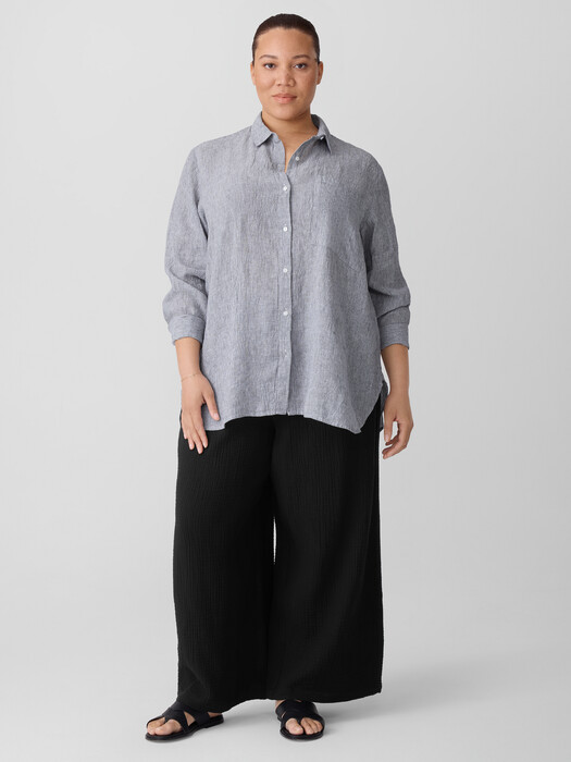 Puckered Organic Linen Stripe Classic Collar Long Shirt