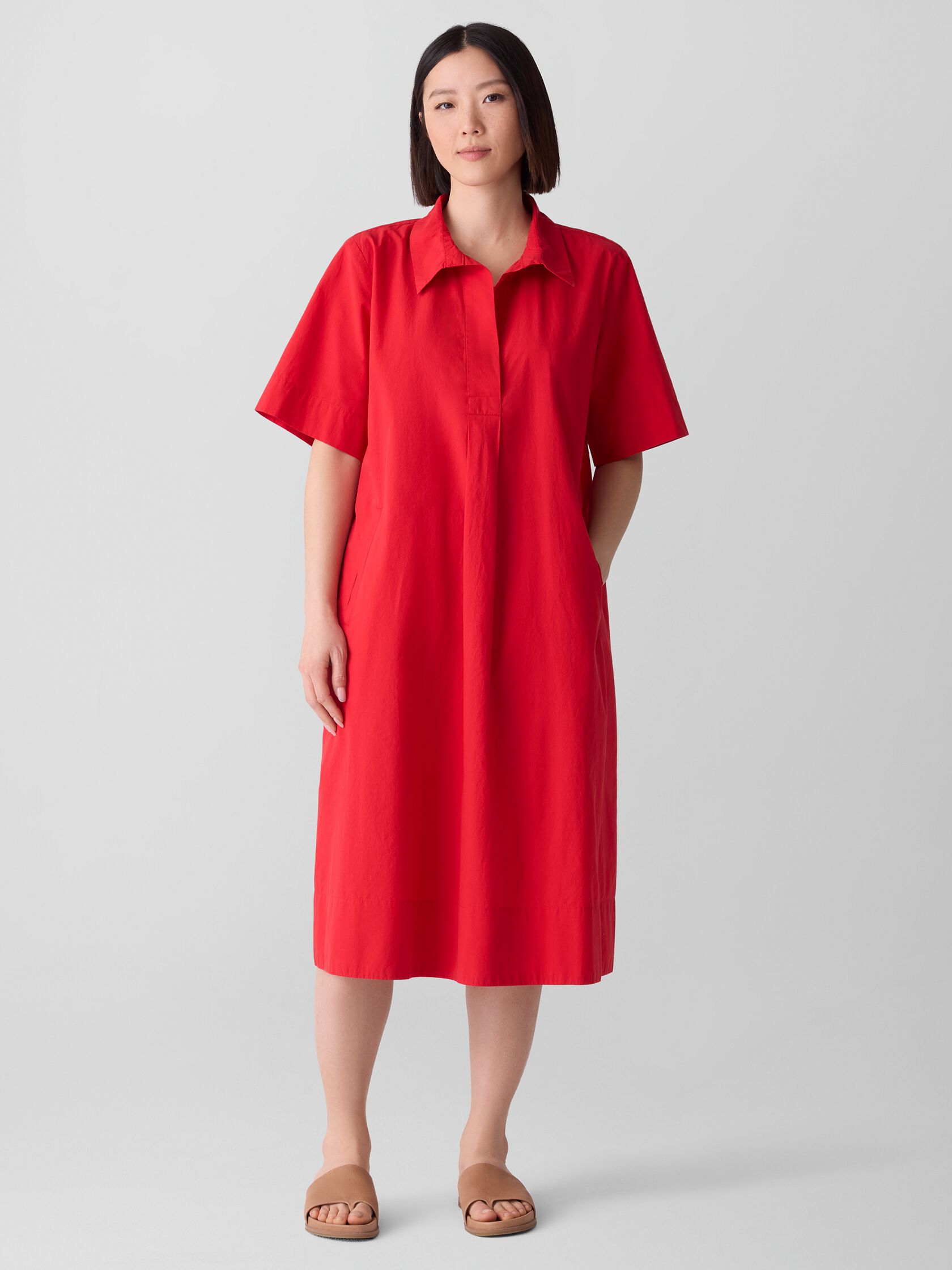 Washed Organic Cotton Poplin Split Neck Dress