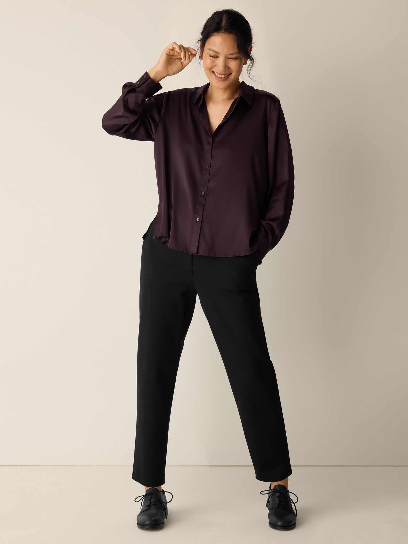 Stretch Silk Charmeuse Classic Collar Shirt