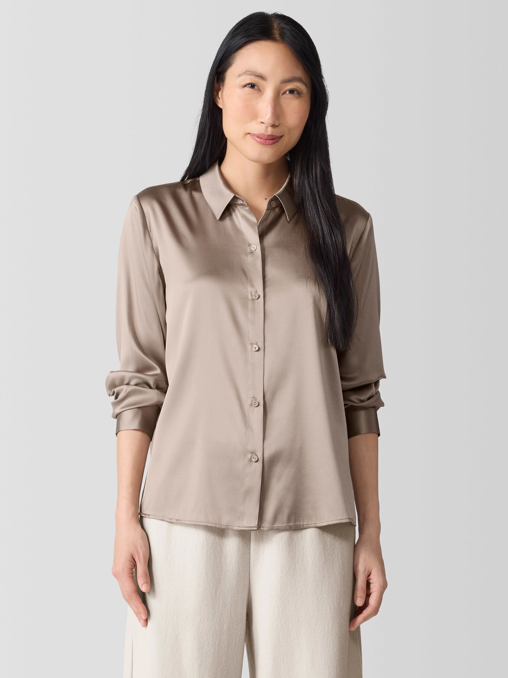 Stretch Silk Charmeuse Classic Collar Shirt