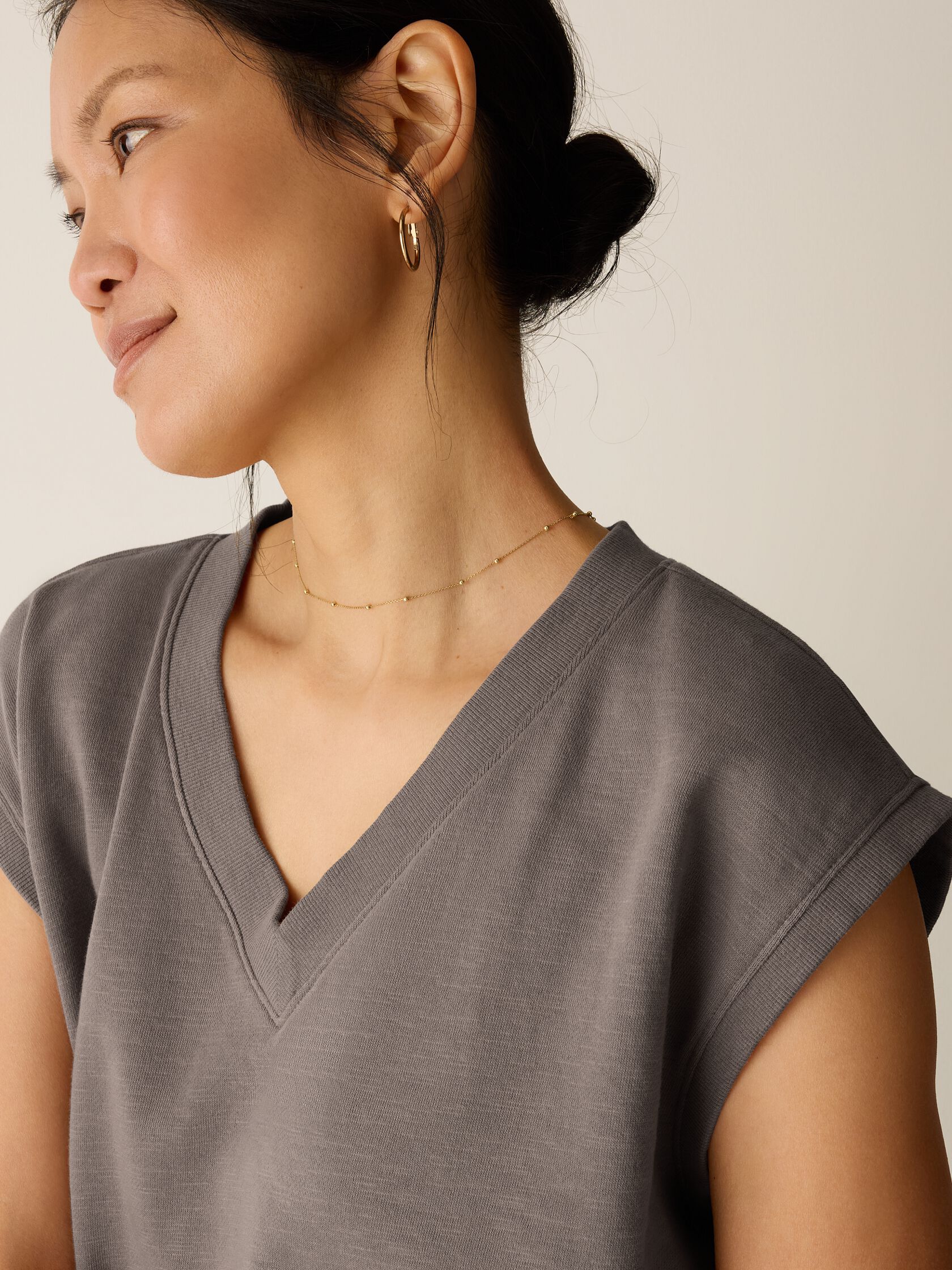 Garment-Dyed Organic Cotton Terry V-Neck Top
