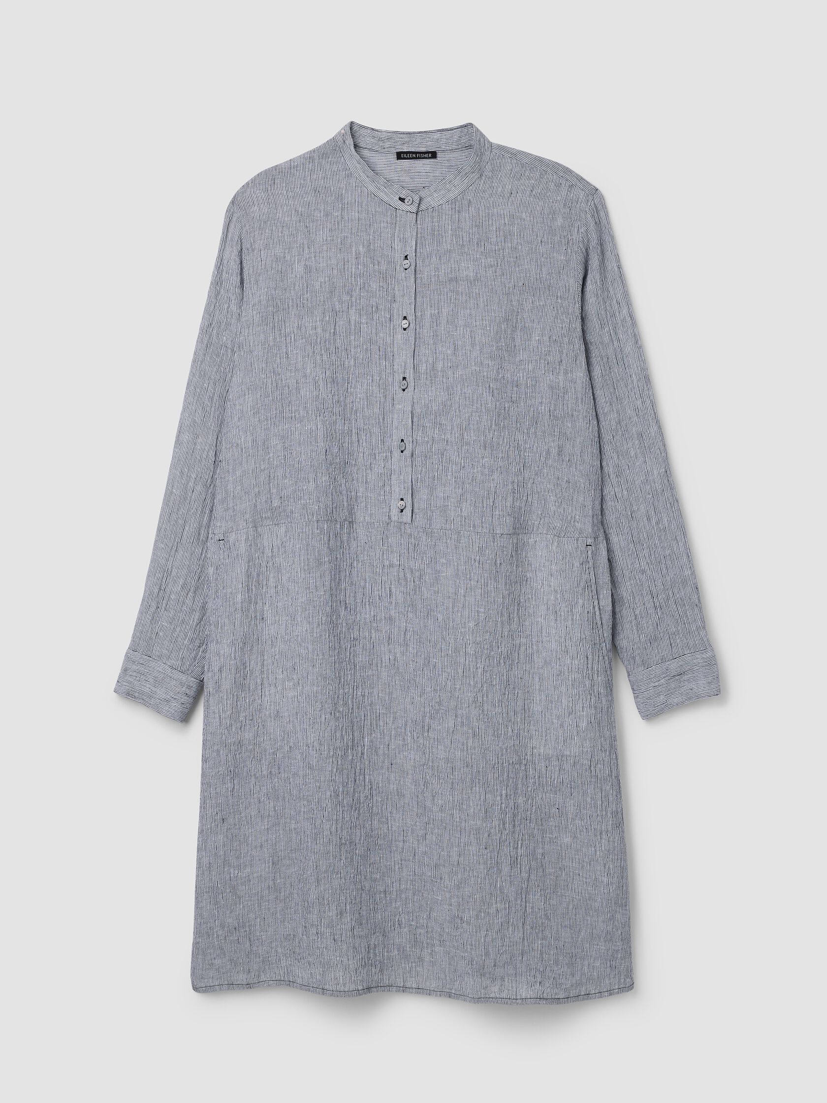 Puckered Organic Linen Stripe Band Collar Shirtdress