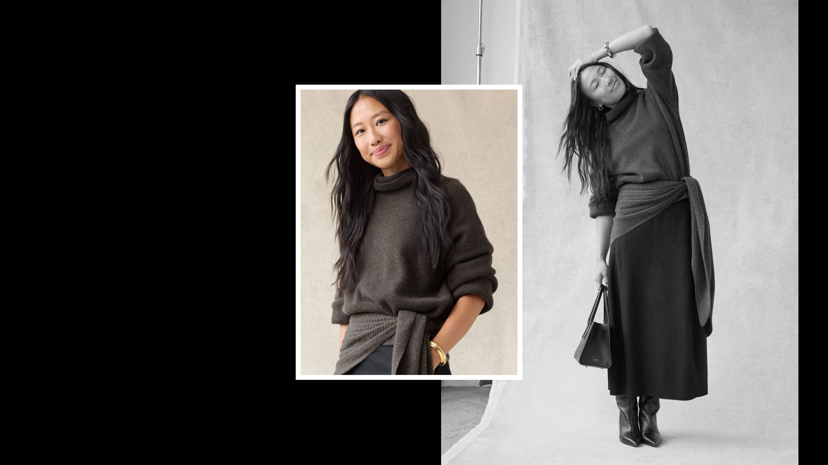 The goal of this is not only to look chic, but also to feel really cozy and easy. The scarf around my waist adds different texture.