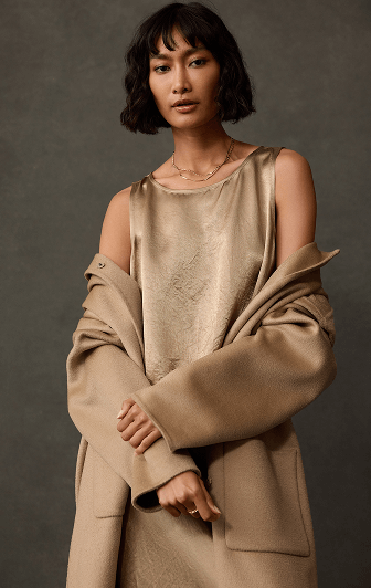 Textured Satin Tank and Skirt With Lustrous Wool Coat