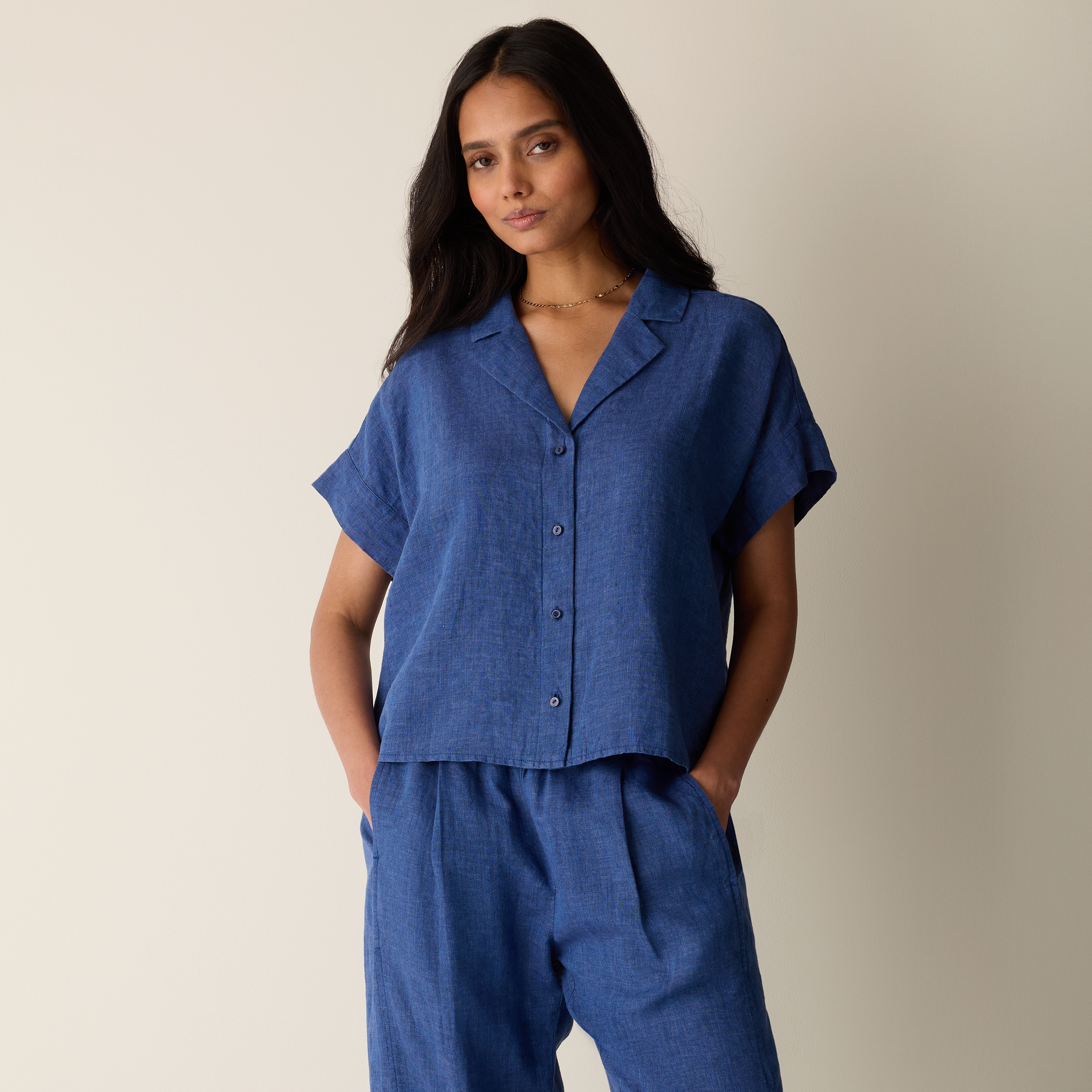 Washed Organic Linen Délavé Notch Collar Shirt from EILEEN FISHER - $188