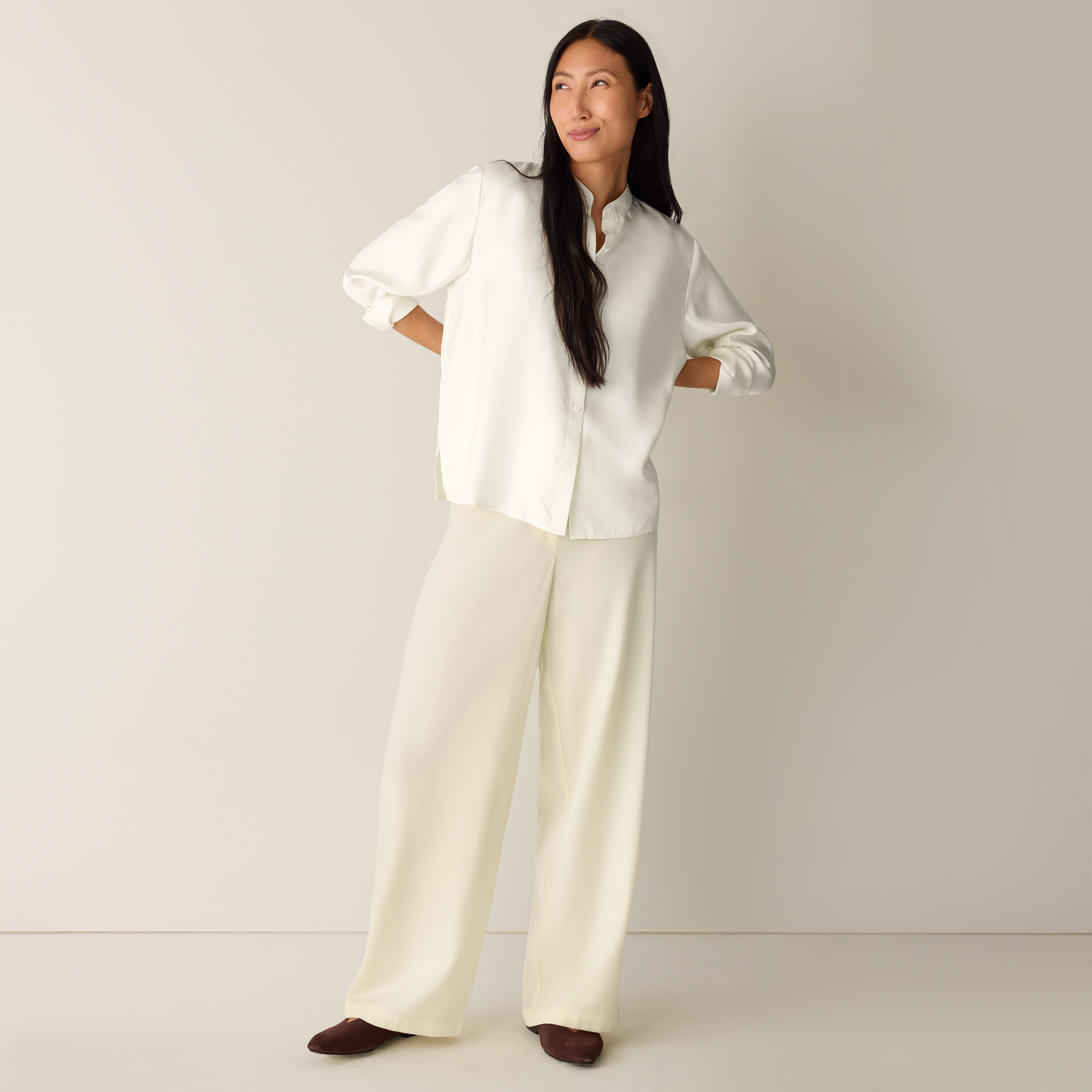 Silk Twill Band Collar Shirt