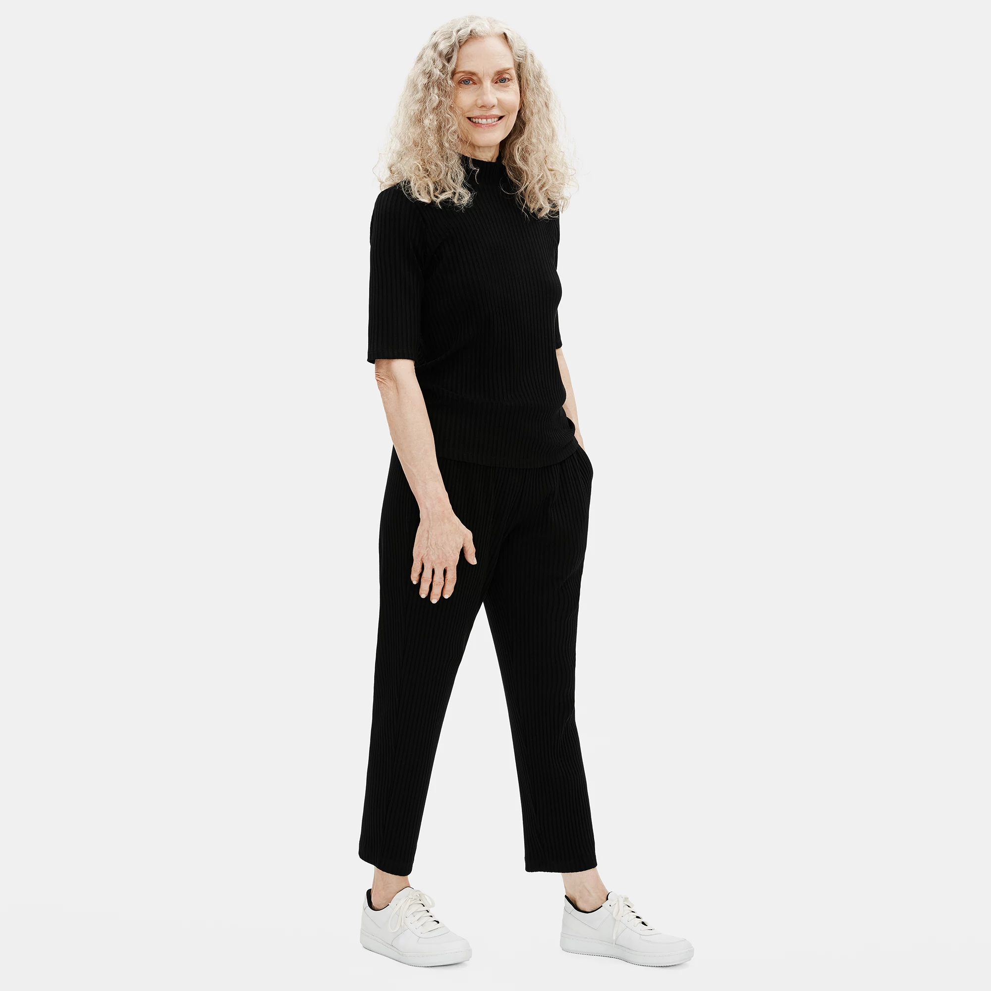 Textured Stretch Rib Mock Neck Top | EILEEN FISHER