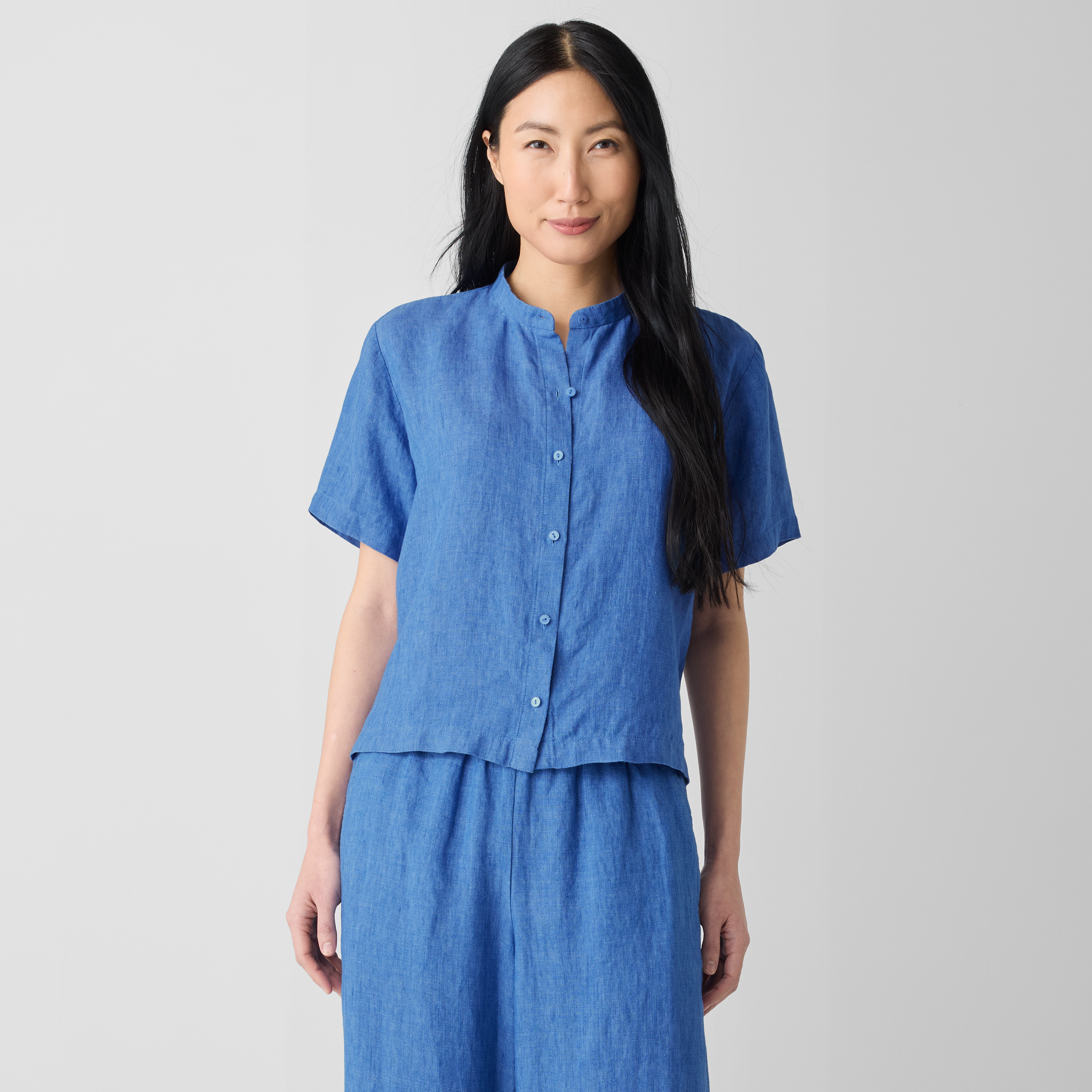 Washed Organic Linen Délavé Band Collar Shirt | EILEEN FISHER