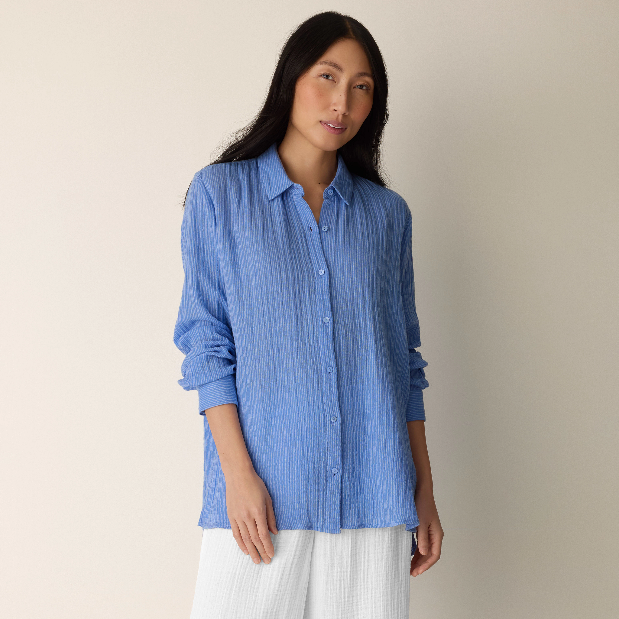 Striped Organic Cotton Gauze Classic Collar Shirt from EILEEN FISHER - $148